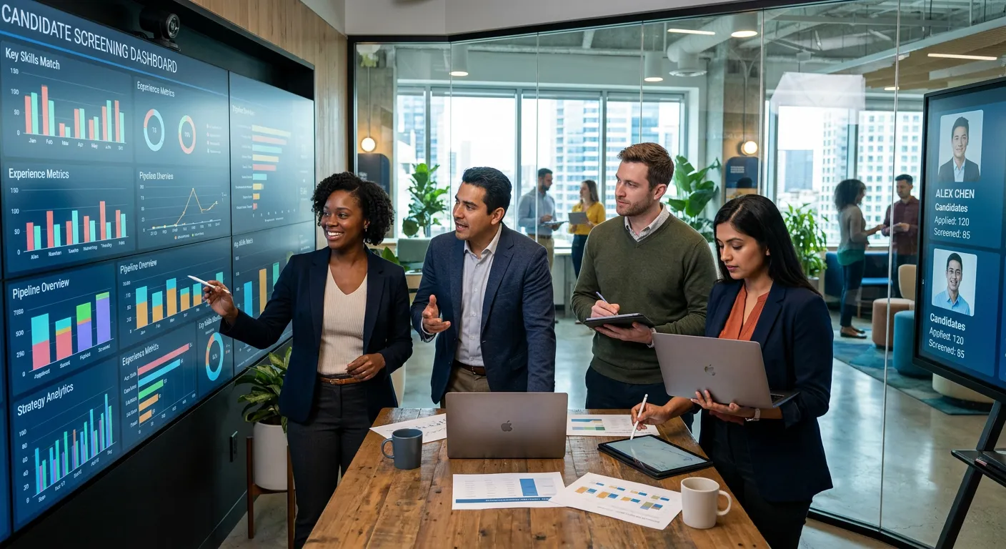 A modern, diverse group of HR professionals and hiring managers collaborating in a bright, tech-forw... A modern, diverse group of HR professionals and hiring managers collaborating in a bright, tech-forward office. They are looking at data dashboards on large screens, symbolizing data-driven candidate screening strategies. Style: Professional, optimistic, high-tech. Mood: Collaborative, intelligent, future-focused.
