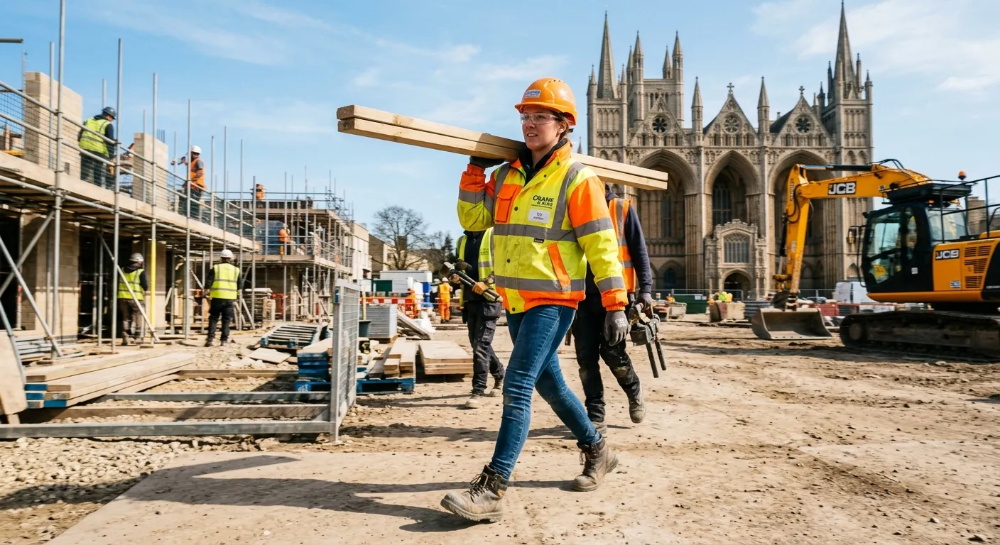 A professional, action-oriented photo of a construction labourer in high-visibility clothing, safely carrying materials on a building site in Peterborough, with the city's cathedral visible in the background on a clear day. The image should convey teamwork, reliability, and active work.