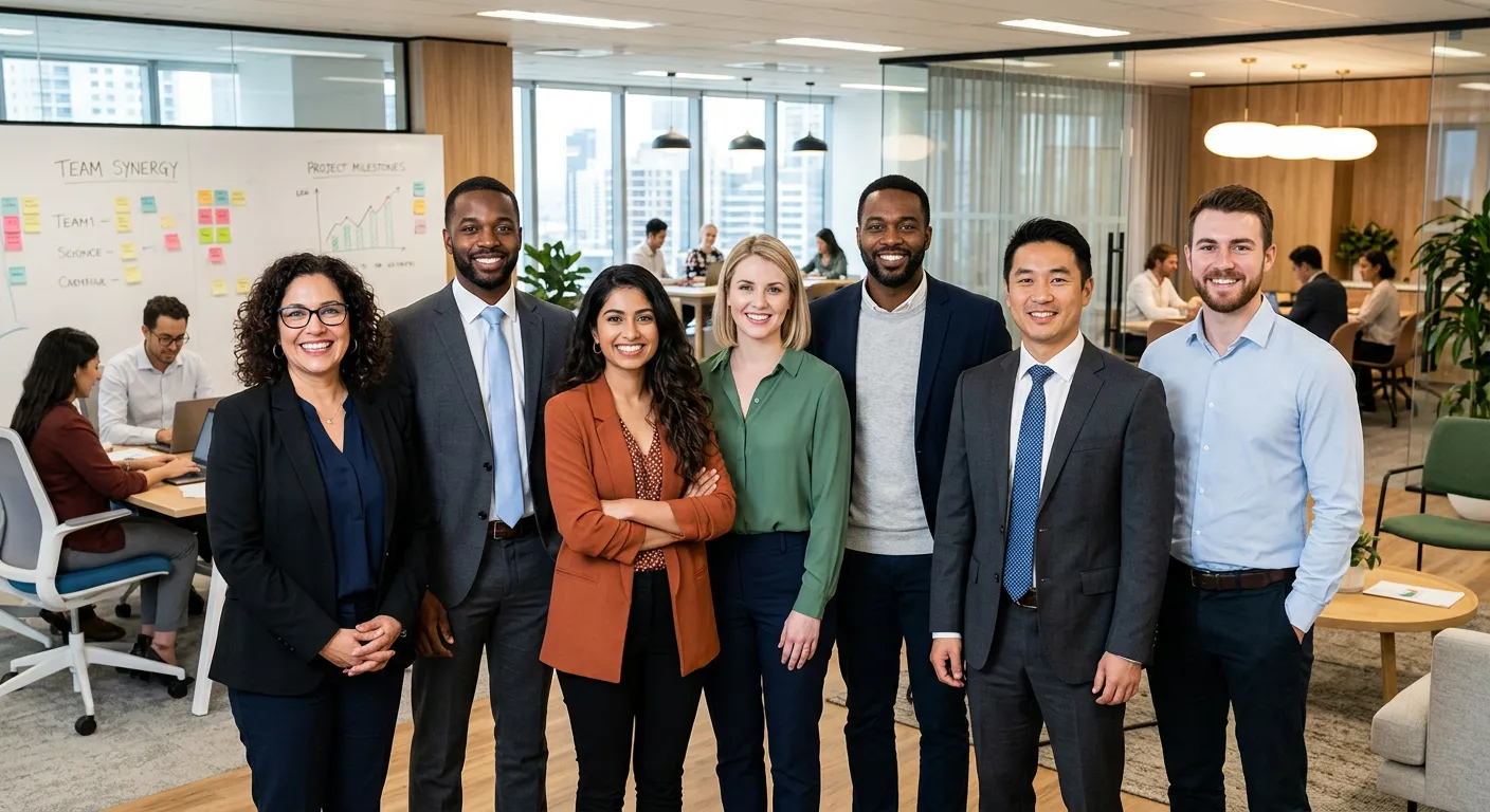 A diverse group of confident, modern professionals in a bright, collaborative office environment, lo... A diverse group of confident, modern professionals in a bright, collaborative office environment, looking at camera with smiles, representing successful hiring and teamwork. Professional corporate photography style.