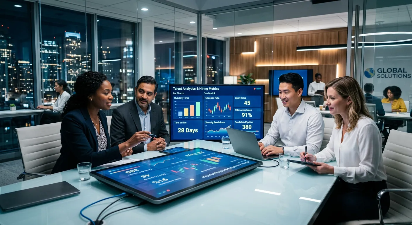 A professional, high-contrast image of a diverse team of business professionals in a modern office, collaborating over a digital dashboard showing talent analytics and hiring metrics. Style is crisp, bright, and futuristic.