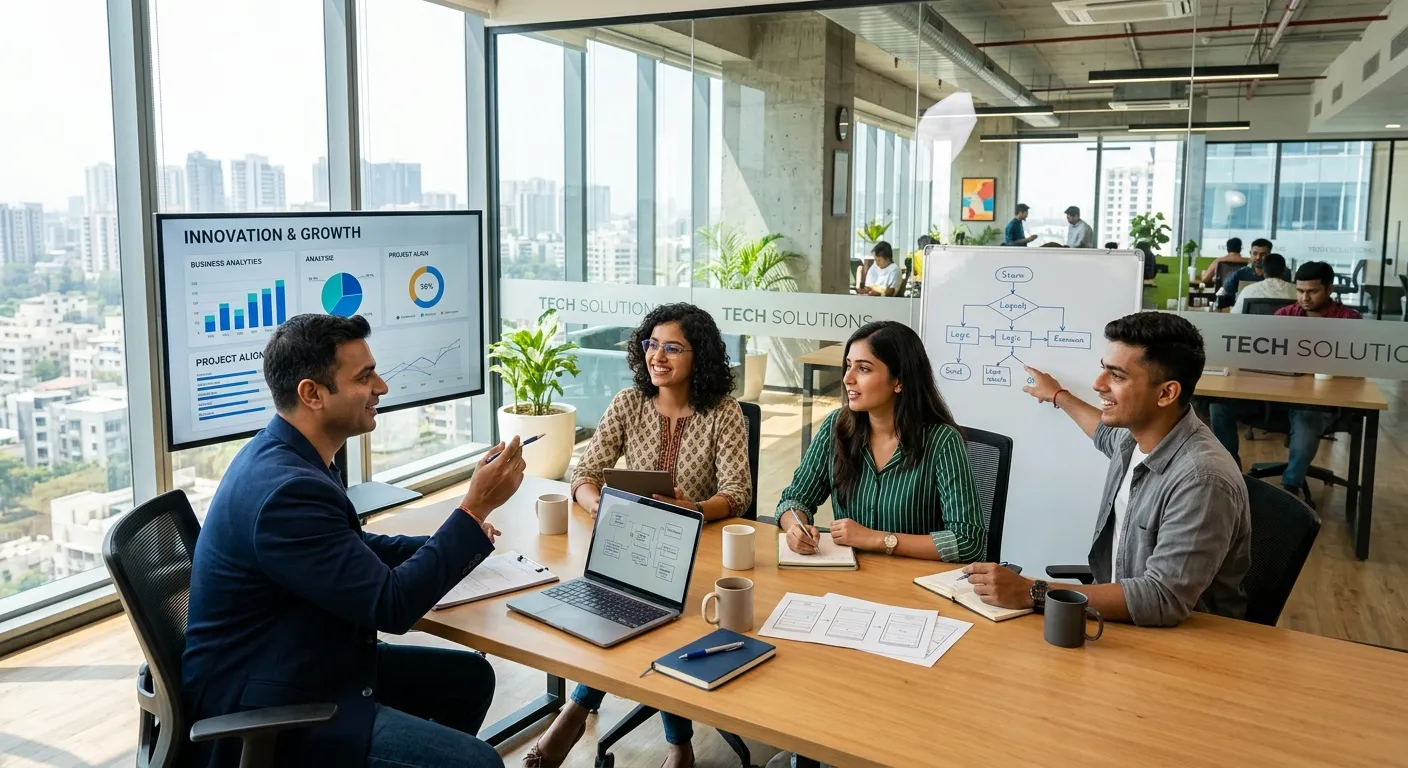 A modern, diverse team of Indian professionals collaborating in a bright, sunlit office with glass w... A modern, diverse team of Indian professionals collaborating in a bright, sunlit office with glass walls. Style: Professional, vibrant, and forward-looking. Mood: Collaborative, innovative, and efficient.