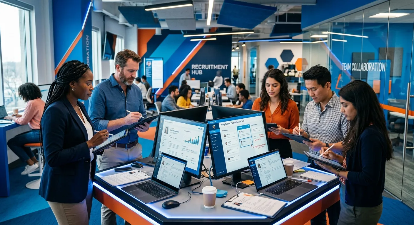 A modern, dynamic office environment where a diverse hiring team is collaboratively reviewing candidate profiles on multiple digital screens. The mood is focused, strategic, and high-tech, with a blue and orange color scheme.