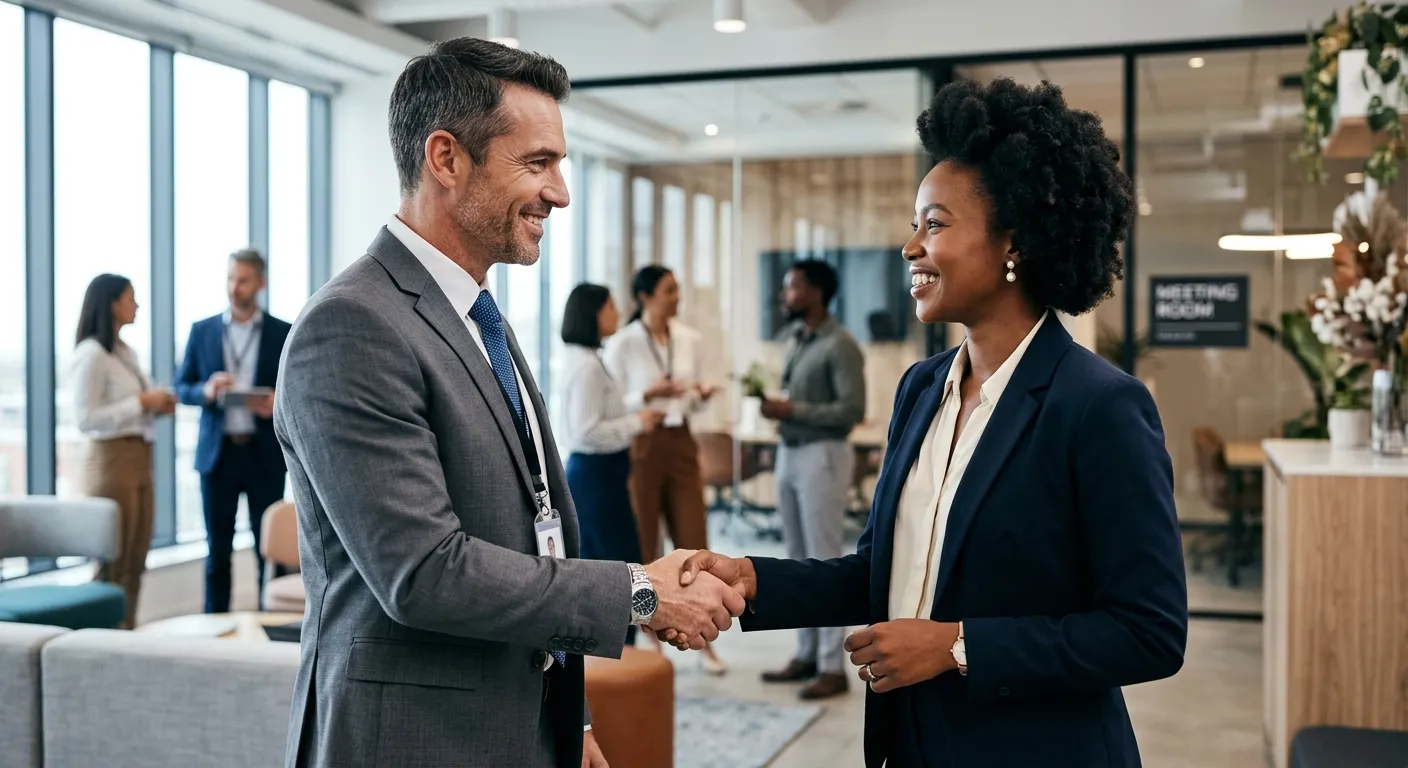A professional, high-contrast photo of a confident business manager shaking hands with a qualified c... A professional, high-contrast photo of a confident business manager shaking hands with a qualified candidate in a modern office setting. The mood is successful, decisive, and collaborative. Focus on faces and handshake.