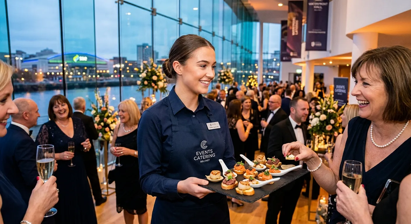 A vibrant, professional photo of Event Catering Staff in action at a high-end event in Belfast, such as the Waterfront Hall. Show a team member presenting a tray of canapés to guests, with a focus on professionalism, smiling faces, and an elegant event backdrop.