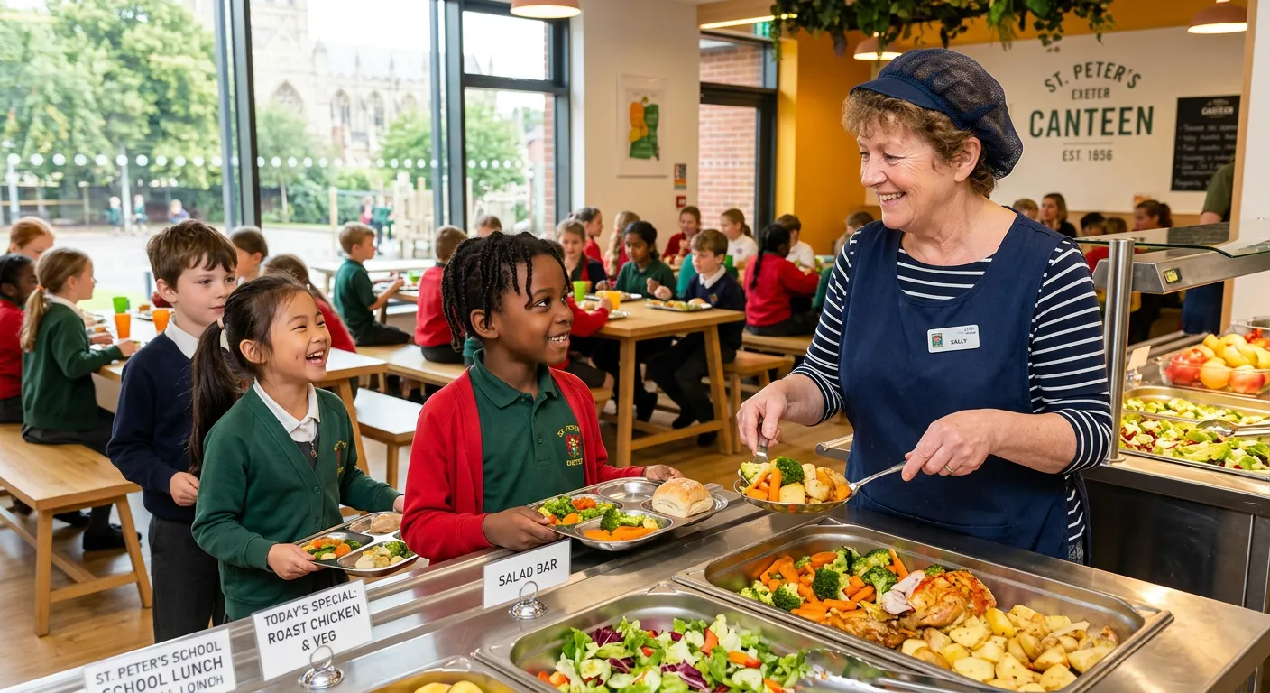 A friendly, professional dinner lady smiling while serving a healthy meal to a diverse group of happy primary school children in a bright, modern school canteen in Exeter.