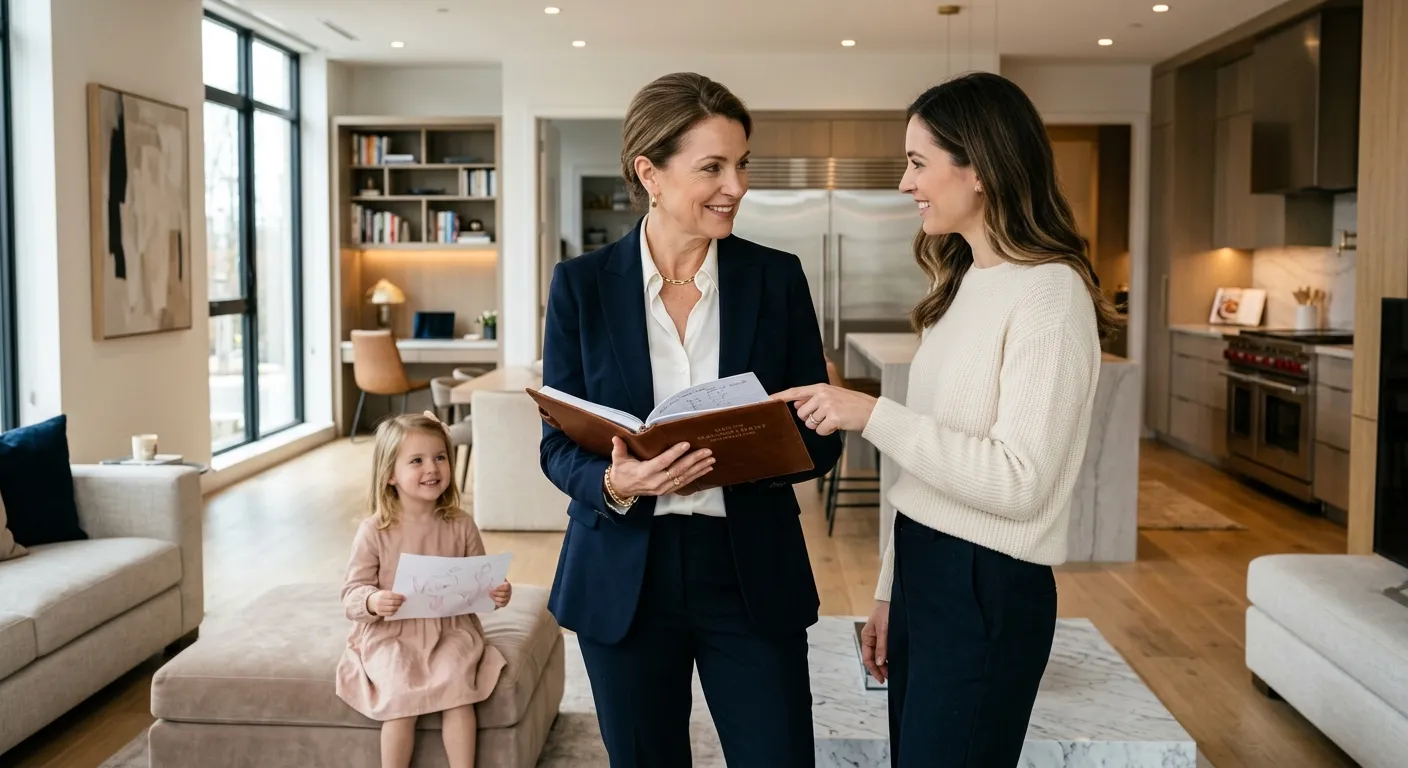 Professional, high-end image of a impeccably dressed house manager or personal assistant in a modern... Professional, high-end image of a impeccably dressed house manager or personal assistant in a modern, well-lit home setting, organizing a schedule or interacting calmly with a family member. Style is warm, trustworthy, and premium.