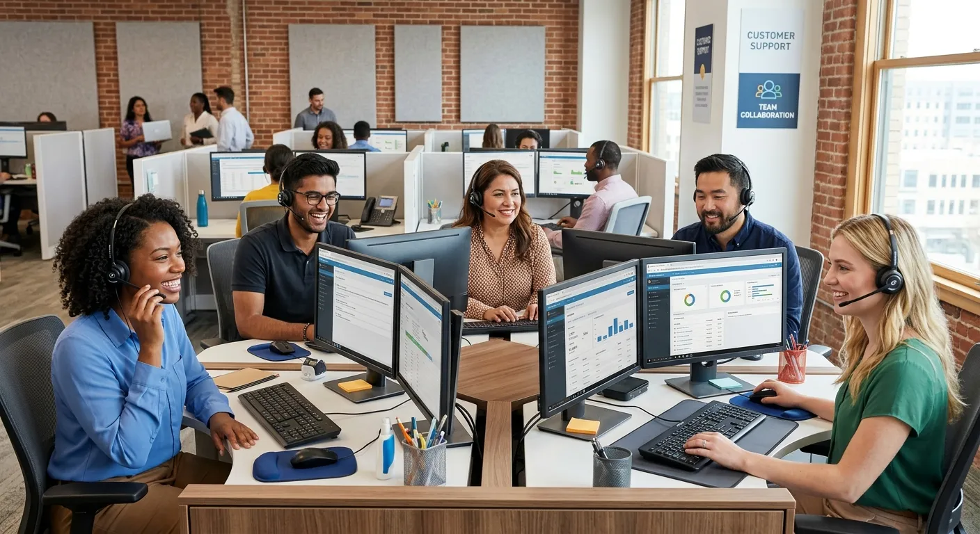 A diverse, professional team of customer service representatives in a modern call center, smiling and wearing headsets. The image should convey competence, technology, and teamwork, with a bright, clean office aesthetic.