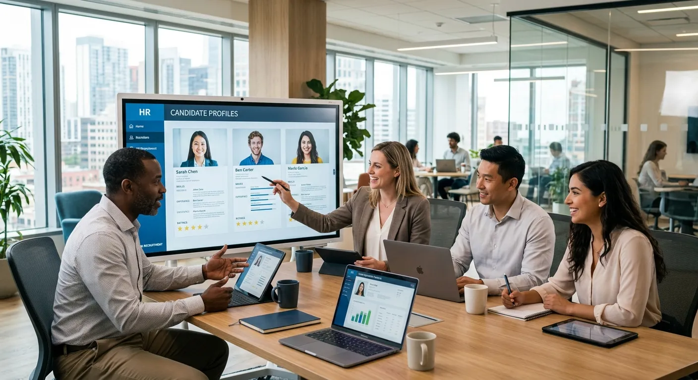 A diverse group of professional recruiters and HR managers collaborating in a modern, sunlit office,... A diverse group of professional recruiters and HR managers collaborating in a modern, sunlit office, reviewing candidate profiles on multiple digital screens. Style: Professional, dynamic, high-resolution corporate photography with a focus on collaboration and technology.
