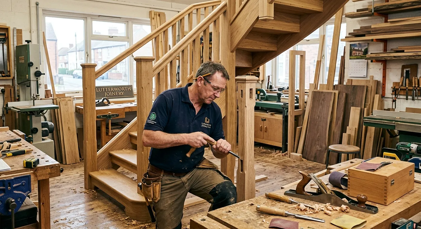 A professional joiner at work on a high-quality timber staircase in a well-lit workshop in Lutterworth, showcasing precision tools and craftsmanship, mood is skilled, focused, and local.
