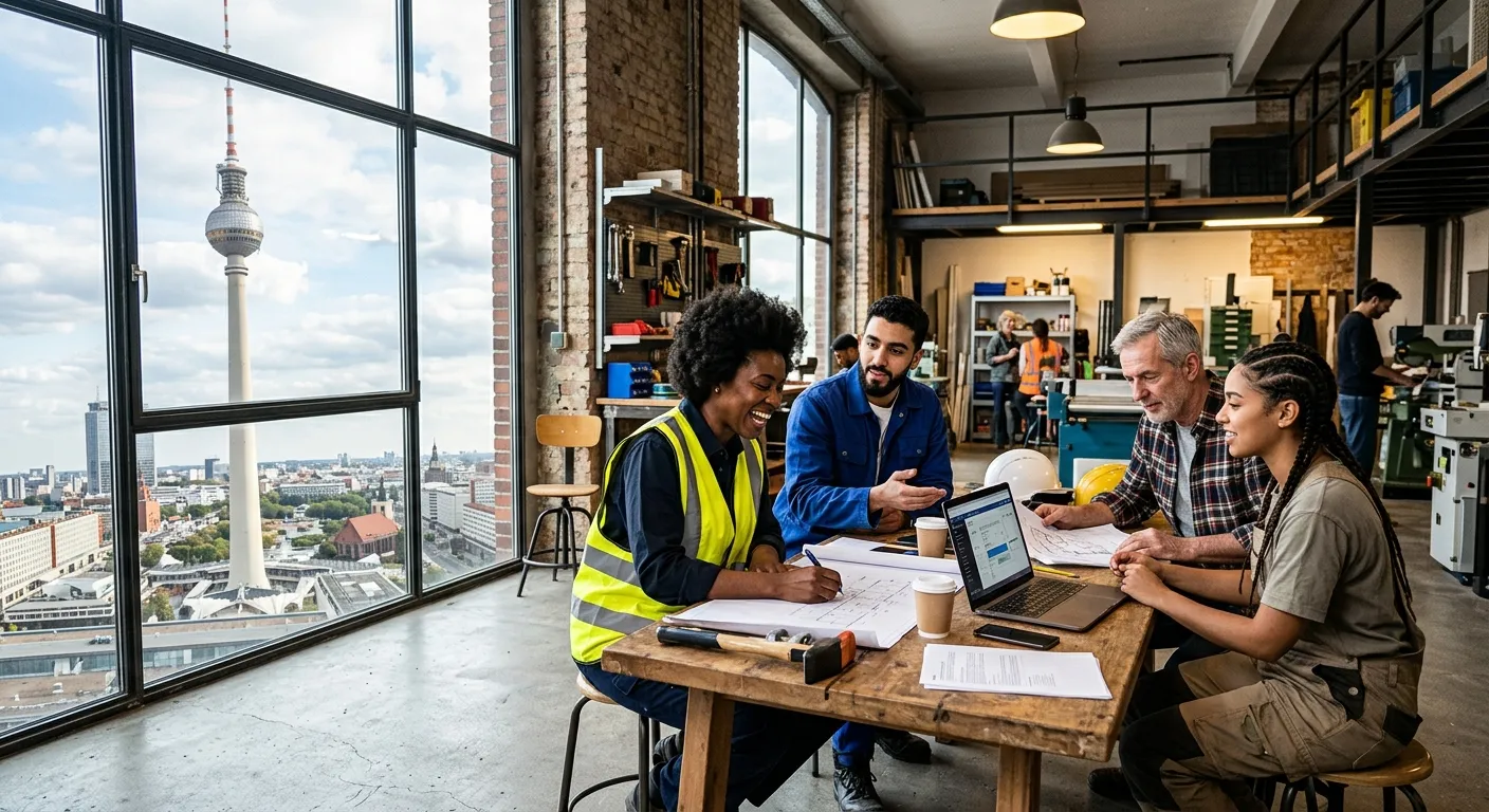 A dynamic, professional photo of a diverse group of temporary workers collaborating in a modern Berlin office or light industrial setting, with the Berlin TV Tower visible through a window. Style: Professional, energetic, high-contrast. Mood: Productive and modern.