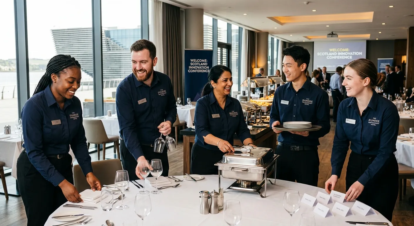 A professional, well-lit photo of a diverse team of hospitality staff in smart uniforms, smiling and working together in a modern hotel restaurant or conference setting in Dundee. The mood is energetic, professional, and welcoming.