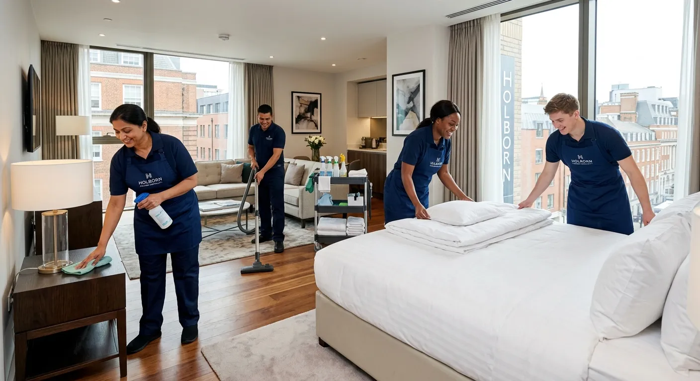 A professional, diverse team of housekeepers in clean, crisp uniforms, smiling and working efficient... A professional, diverse team of housekeepers in clean, crisp uniforms, smiling and working efficiently in a modern, well-lit apartment or hotel suite in Holborn. Focus on cleanliness, professionalism, and teamwork.