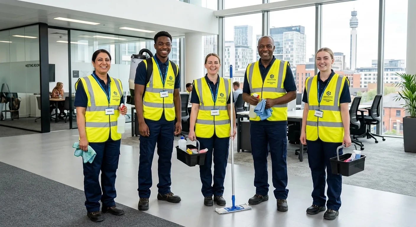 A professional, diverse team of cleaning operatives in modern high-visibility uniforms, smiling and looking ready for work, standing in a bright, clean commercial office space in Birmingham. The image should convey professionalism, teamwork, and readiness.