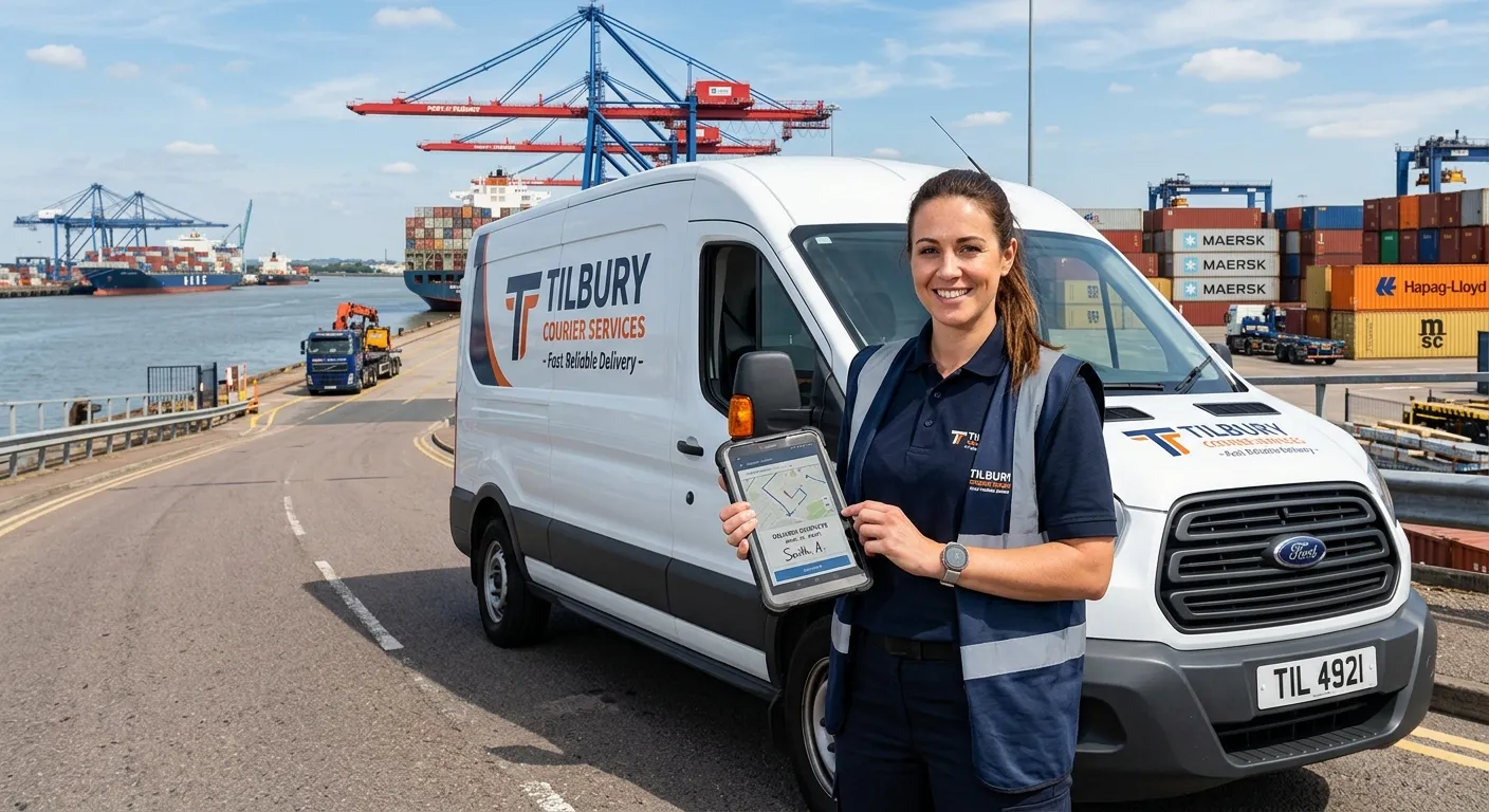 A professional, confident Courier Driver in a clean, branded van, smiling and holding a delivery tablet, with the Port of Tilbury visible in the background on a bright day.