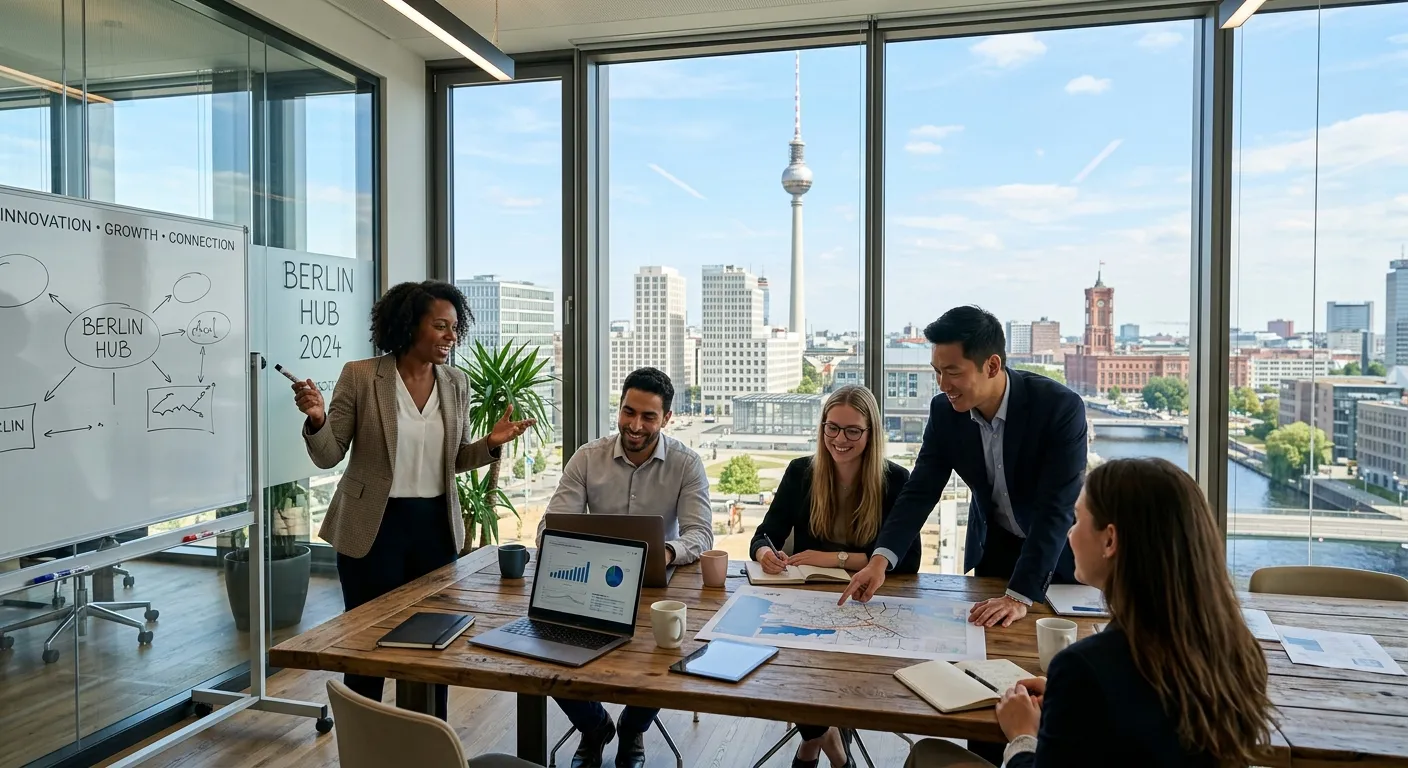 A dynamic, professional photo of the Berlin skyline (TV Tower and modern office buildings) with a di... A dynamic, professional photo of the Berlin skyline (TV Tower and modern office buildings) with a diverse group of professionals collaborating in a sleek, sunlit office foreground, symbolizing opportunity and connection.