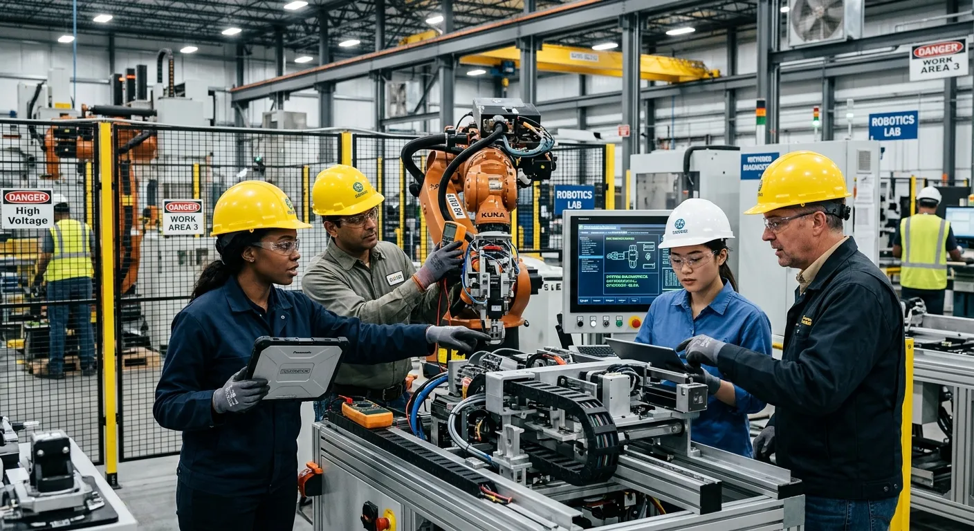 A diverse group of engineers collaborating in a modern industrial environment, wearing safety gear a... A diverse group of engineers collaborating in a modern industrial environment, wearing safety gear and working on advanced machinery, highlighting teamwork and technical expertise
