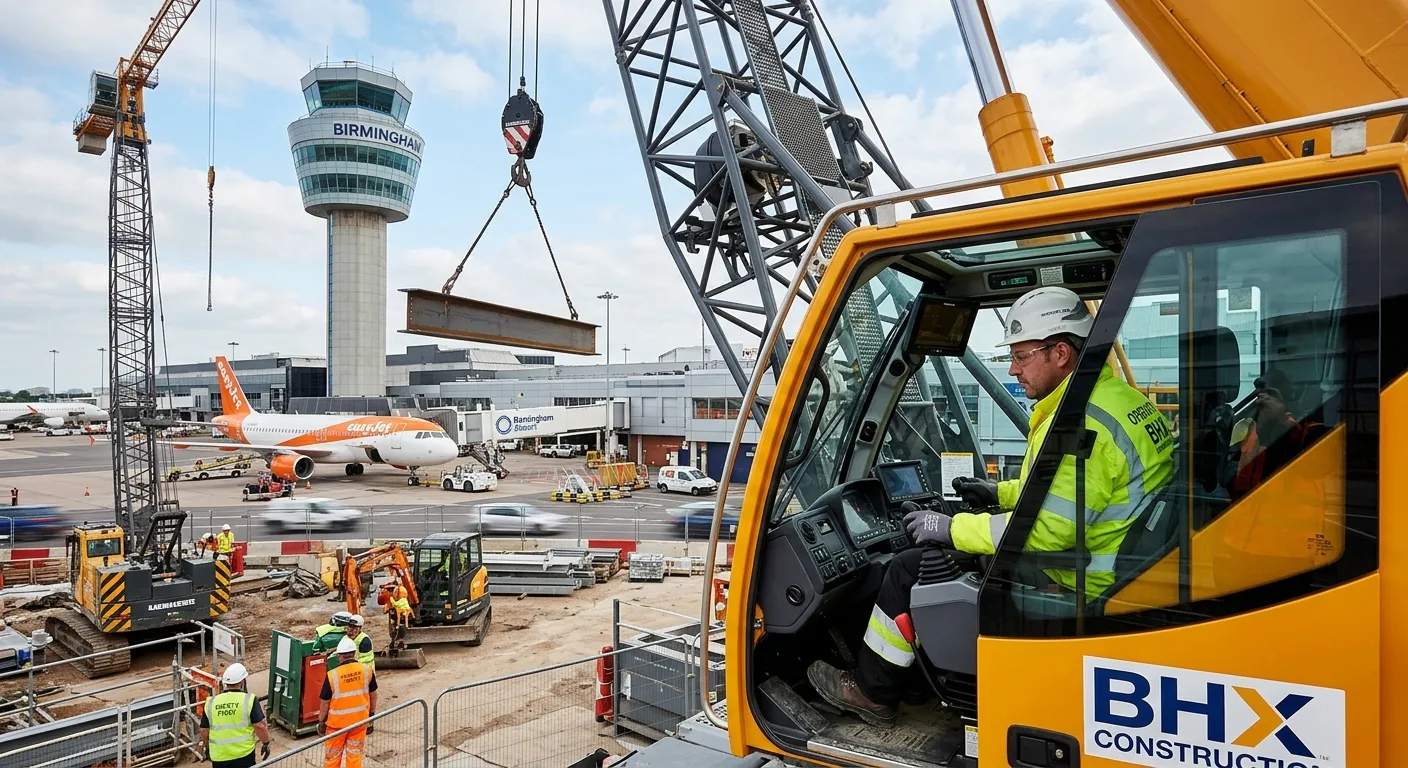 A professional, dynamic image of a skilled crane operator at work inside a busy airport construction or logistics zone, with the Birmingham Airport control tower visible in the background, conveying precision, safety, and industrial activity.