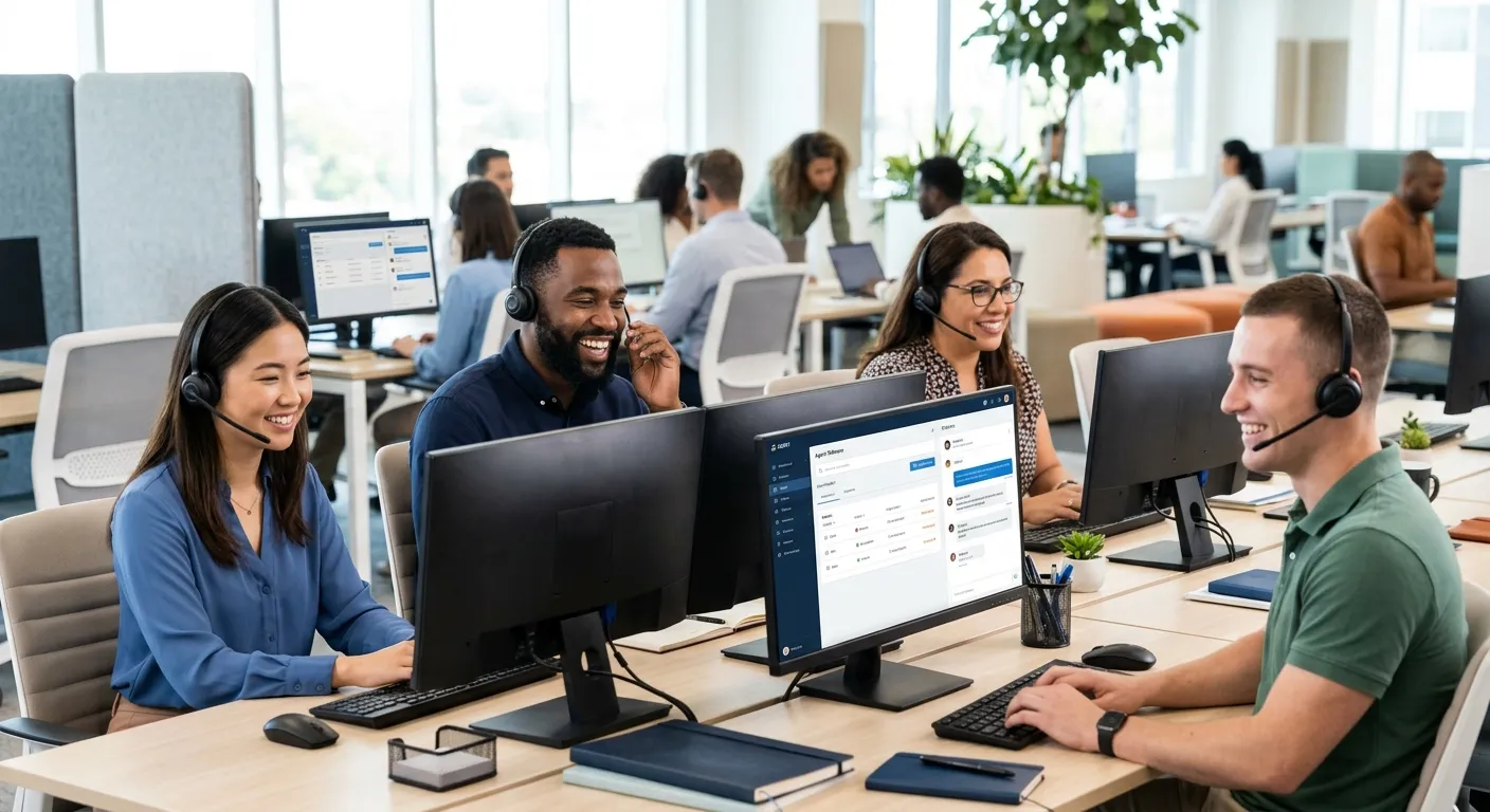 A diverse group of professional customer service agents in a modern, well-lit contact center, smilin... A diverse group of professional customer service agents in a modern, well-lit contact center, smiling and wearing headsets. Style: professional stock photo, bright and inviting, high contrast to work on dark overlay.