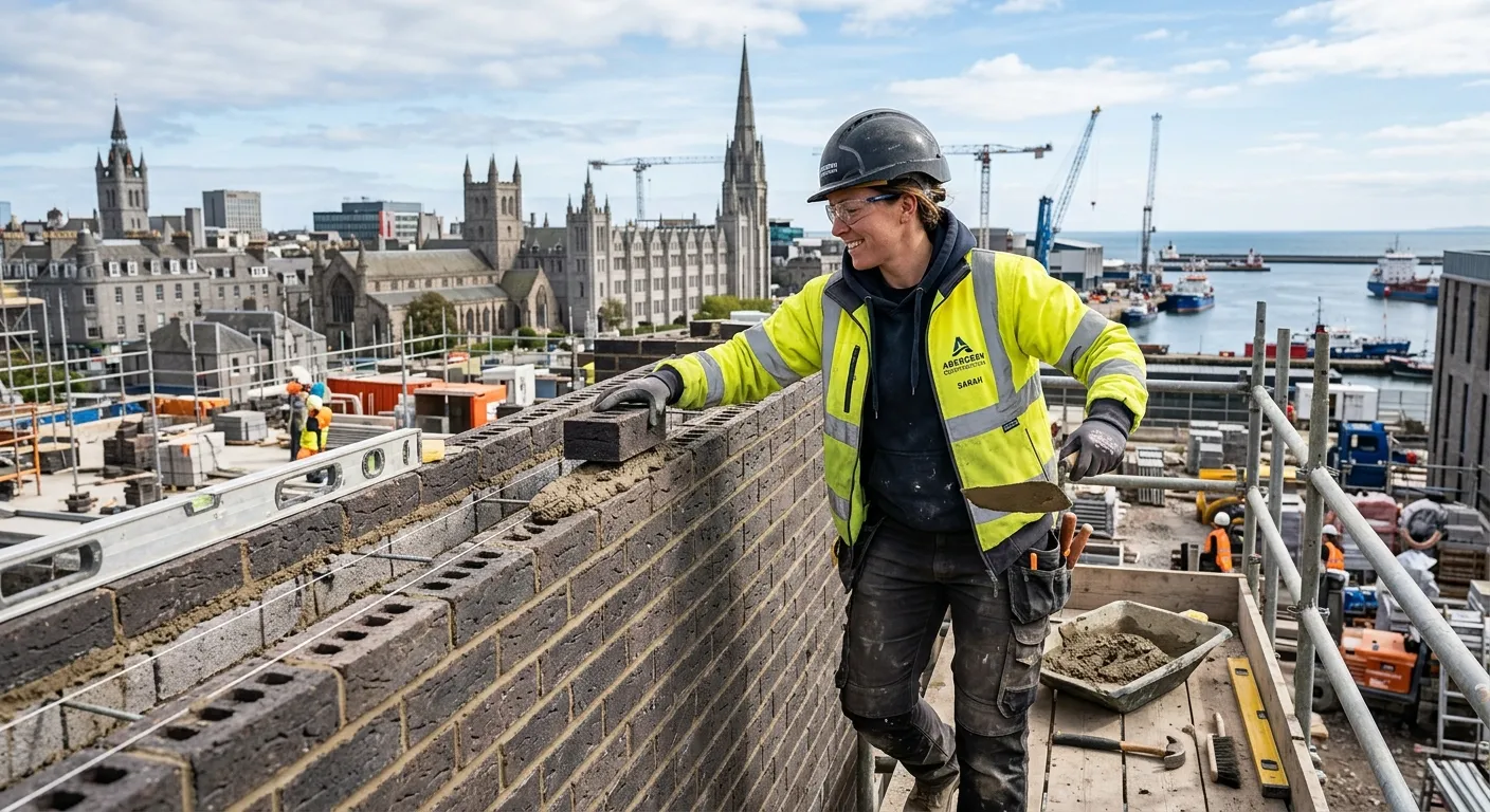 A professional, confident bricklayer working on a modern brick wall on a construction site in Aberdeen, with the city skyline in the background. The image should convey skill, precision, and the vibrant energy of local construction.