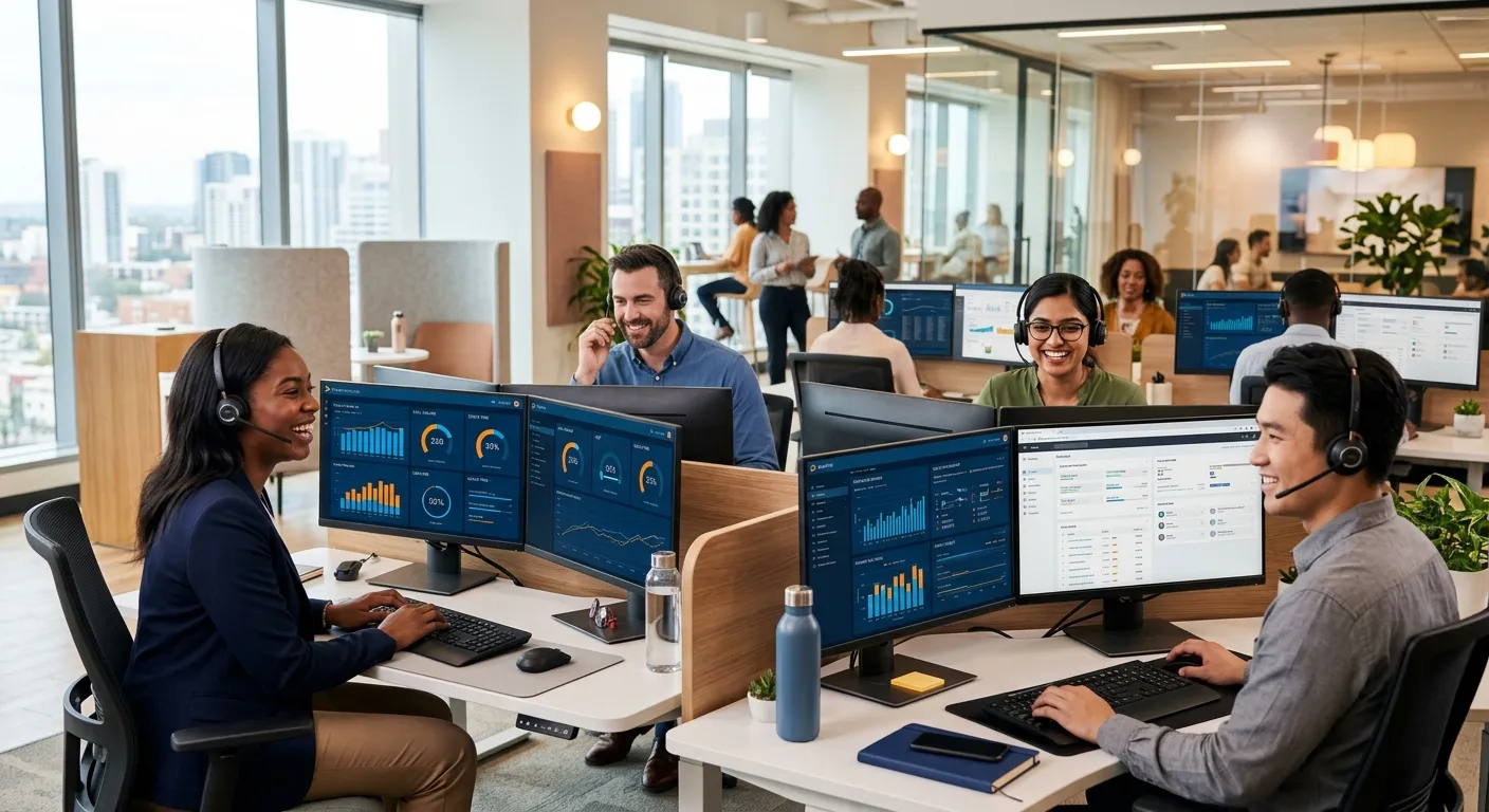 A modern, professional hero image showing a diverse team of customer service agents in a bright, contemporary call centre. They are smiling and wearing headsets, with multiple monitors displaying analytics dashboards. Style is corporate, high-resolution, and optimistic. Mood is energetic and professional.
