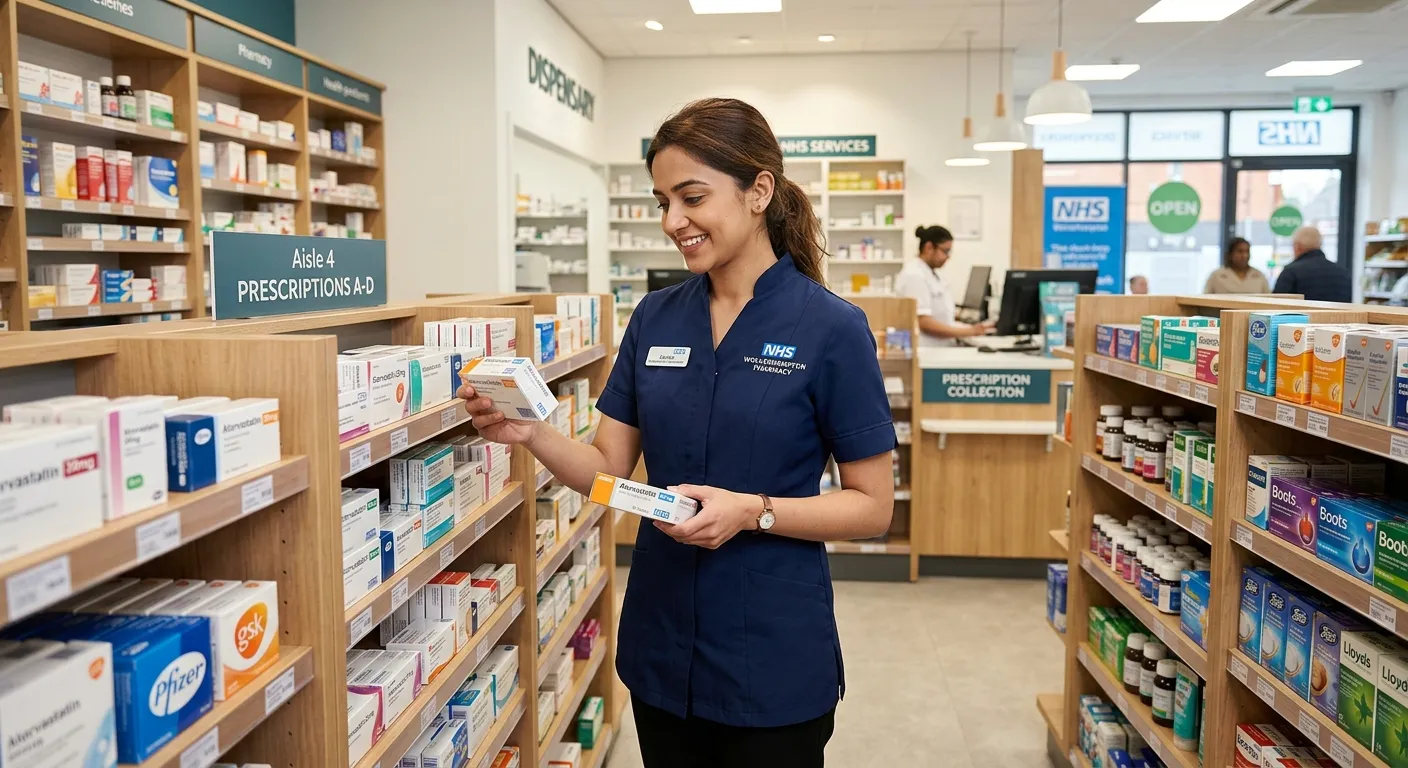 A professional, well-lit photograph of a friendly Pharmacy Assistant in a modern Wolverhampton pharm... A professional, well-lit photograph of a friendly Pharmacy Assistant in a modern Wolverhampton pharmacy, wearing a clean uniform, carefully checking medication labels on shelves stocked with medicine boxes. The mood is focused, trustworthy, and community-oriented.