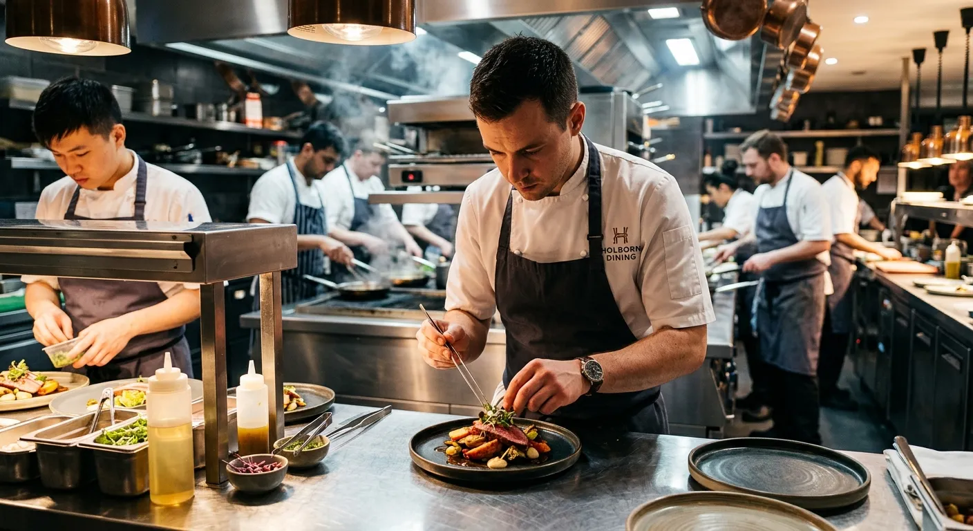 A professional Chef in a modern, bustling hotel or restaurant kitchen in Holborn, plating a dish wit... A professional Chef in a modern, bustling hotel or restaurant kitchen in Holborn, plating a dish with precision. The atmosphere is energetic, clean, and professional, showcasing a high-standard culinary environment.