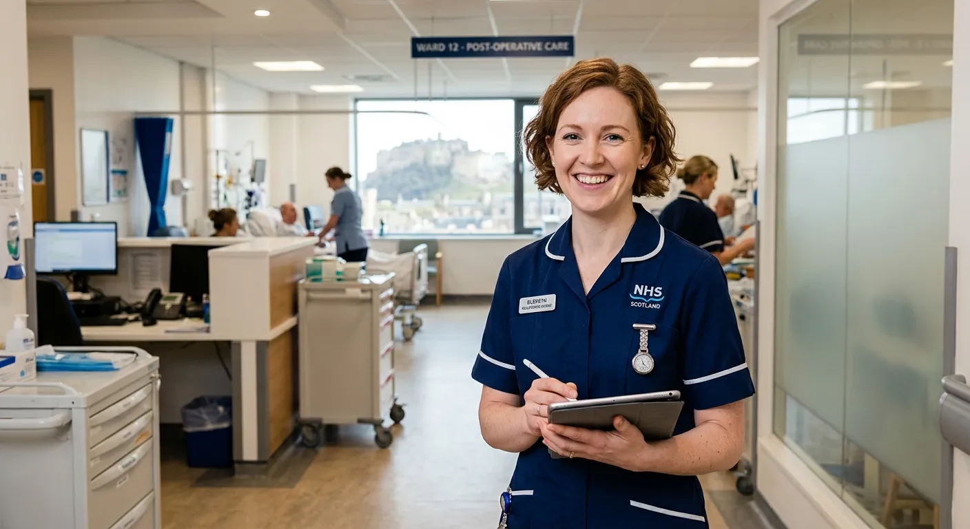 A professional, confident-looking Registered Nurse in a modern healthcare environment, such as a cli... A professional, confident-looking Registered Nurse in a modern healthcare environment, such as a clinic or hospital ward in Edinburgh, wearing a uniform and a reassuring smile. The style is bright, welcoming, and focuses on the compassionate nature of the role.