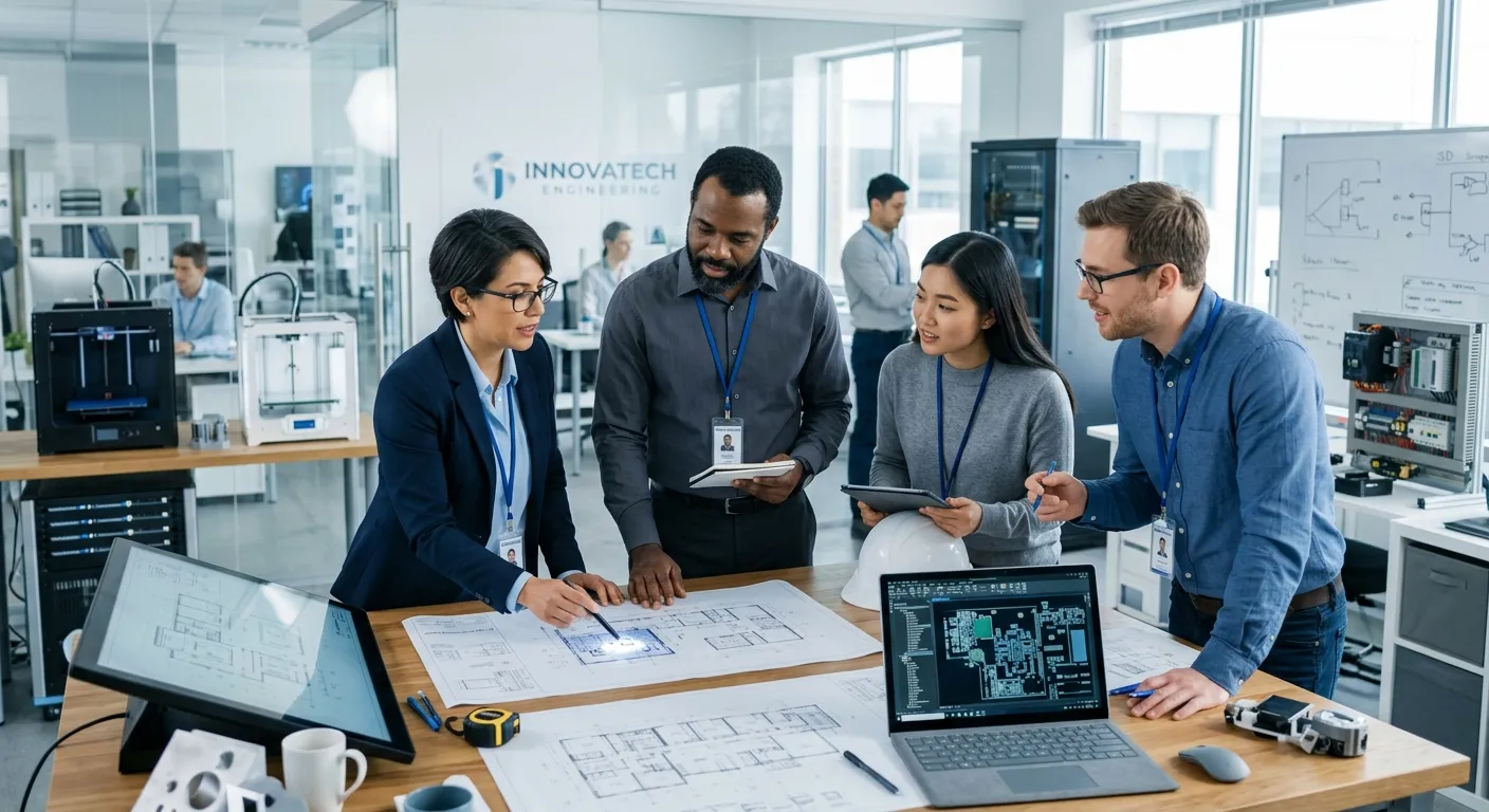 A diverse group of professional engineers in a modern office or lab environment, collaborating over technical blueprints or digital schematics, conveying expertise, teamwork, and innovation. Professional, high-resolution, corporate style.
