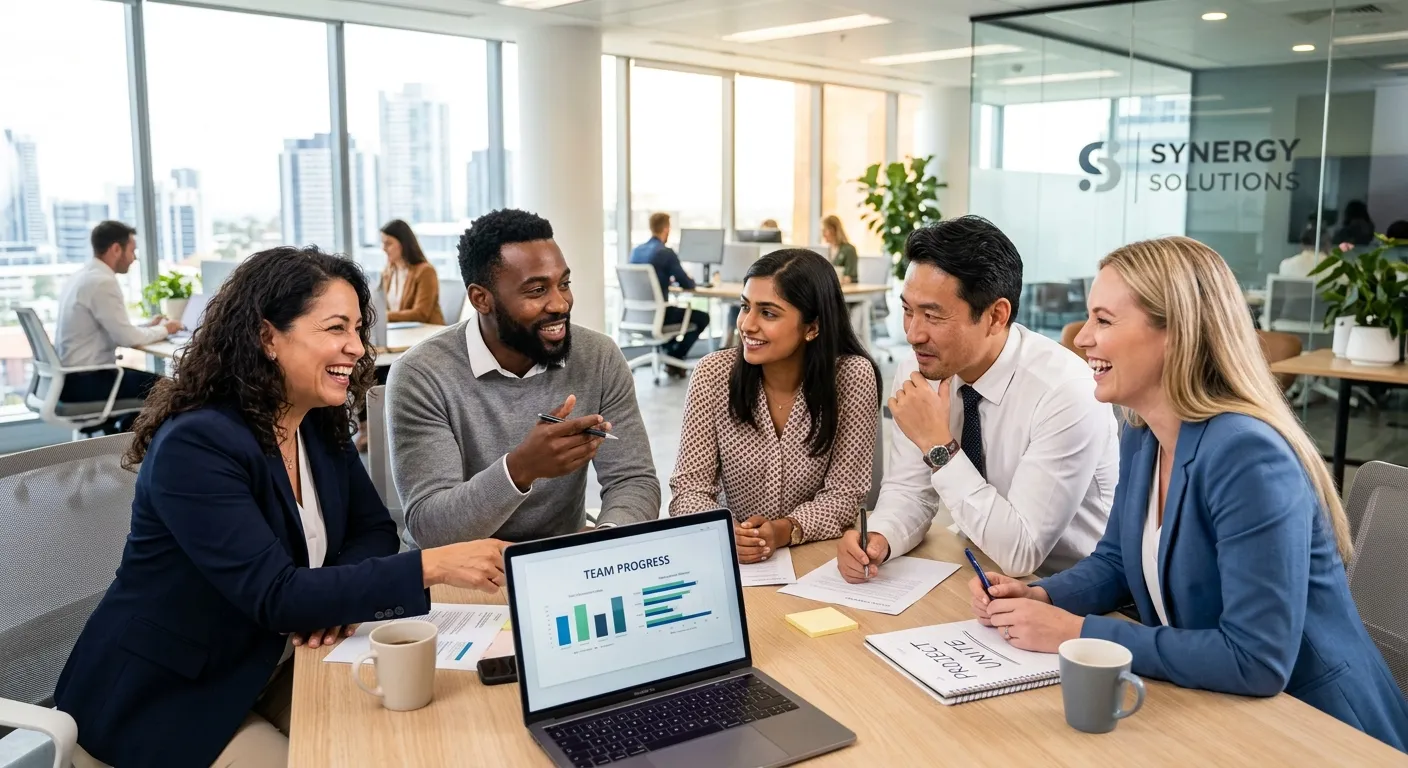 Professional, high-contrast photo of a diverse team of permanent employees collaborating in a modern... Professional, high-contrast photo of a diverse team of permanent employees collaborating in a modern office environment, featuring confident expressions and a sense of unity. Style: Corporate, bright, aspirational.