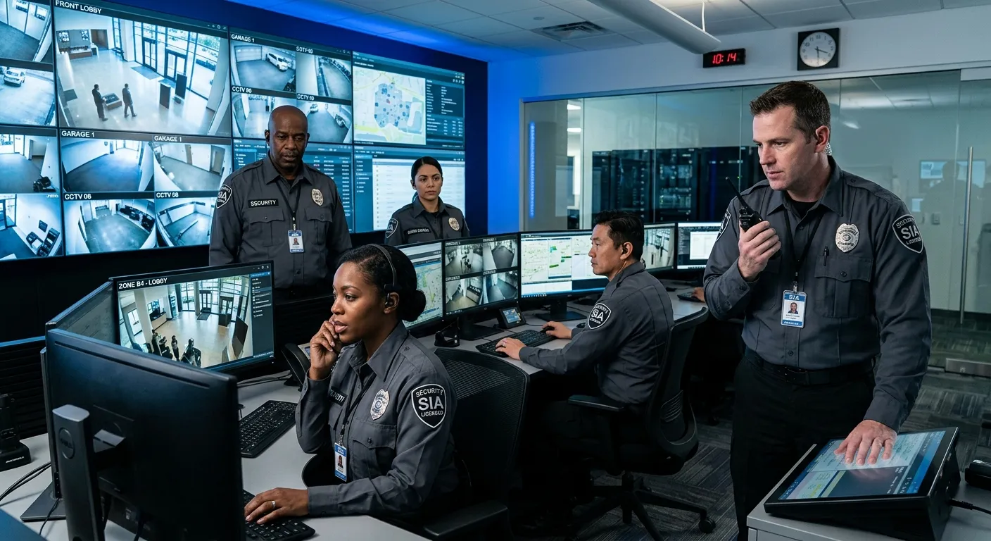 A professional, high-contrast photo of a diverse team of Sia-licensed security professionals in a modern control room or at a corporate entrance. They appear alert, professional, and competent. Style: Corporate, trustworthy. Mood: Secure, reliable.