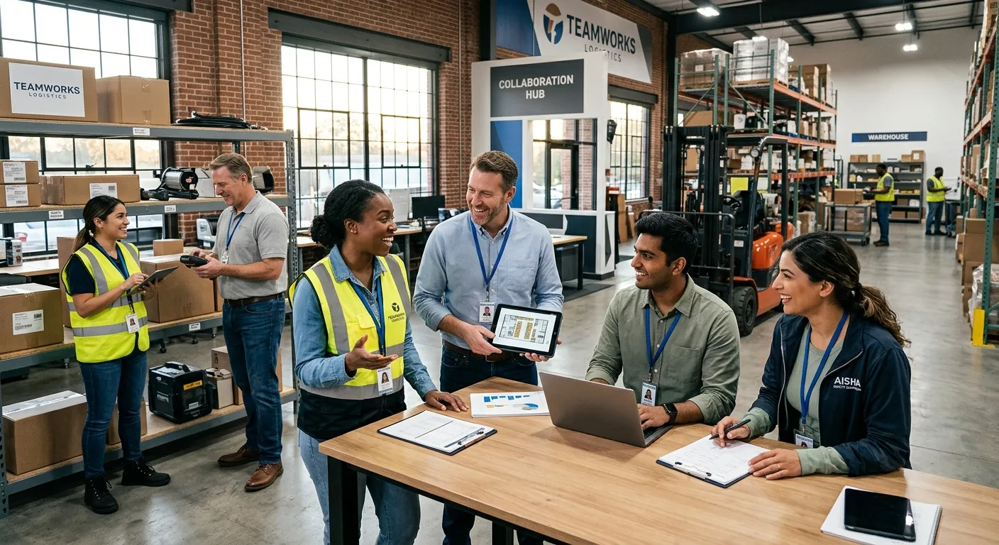 A dynamic, professional photo of a diverse team of office and warehouse workers collaborating in a m... A dynamic, professional photo of a diverse team of office and warehouse workers collaborating in a modern, bright workspace. Focus on interaction and productivity. Style: Corporate, high-contrast, optimistic. Mood: Energetic and professional.