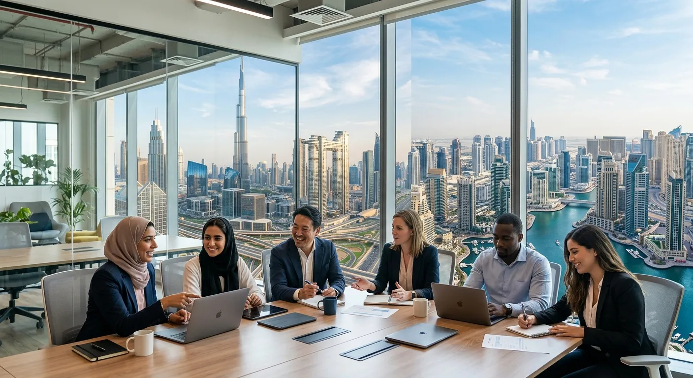A modern, professional photo of the Dubai skyline (Burj Khalifa, Marina) blending with a diverse gro... A modern, professional photo of the Dubai skyline (Burj Khalifa, Marina) blending with a diverse group of professionals in a contemporary office setting, symbolising global talent and business growth. Style: Clean, high-contrast, optimistic mood.