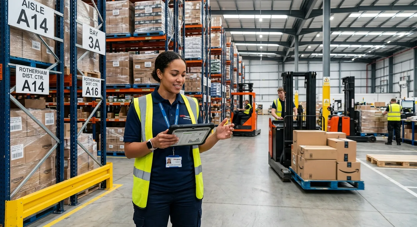 A professional, dynamic image of a Logistics Coordinator in a modern warehouse or distribution centre in Rotherham. They are using a tablet to check inventory, with forklifts and organised shelves in the background. The style is bright, realistic, and conveys efficiency and teamwork.