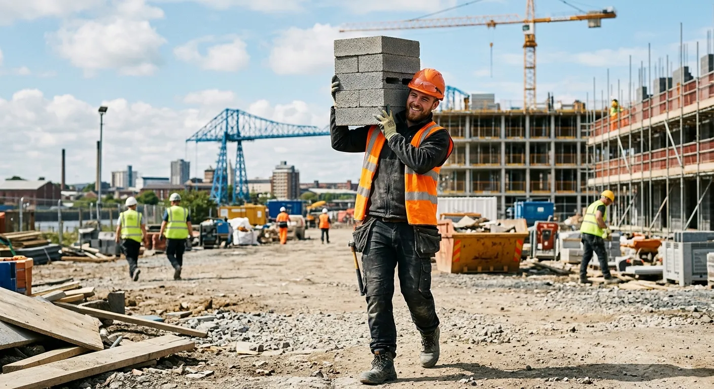 A mid-shot of a construction labourer in high-vis, smiling and carrying a stack of building blocks o... A mid-shot of a construction labourer in high-vis, smiling and carrying a stack of building blocks on a sunny construction site in Middlesbrough, with other workers visible in the background.