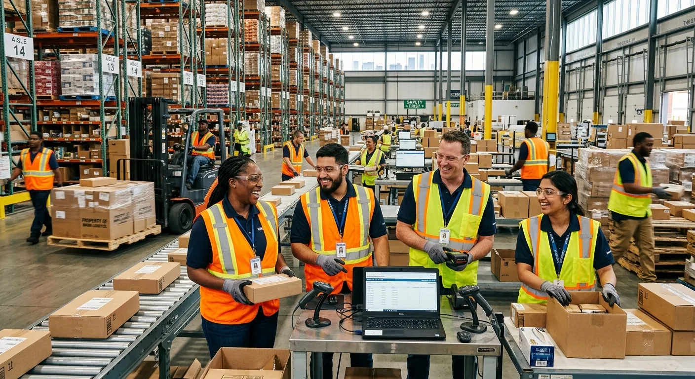 A dynamic, professional photo of a diverse group of warehouse workers in high-visibility vests, smiling and collaborating in a modern, organized distribution center in the Bronx, conveying successful teamwork and scale.