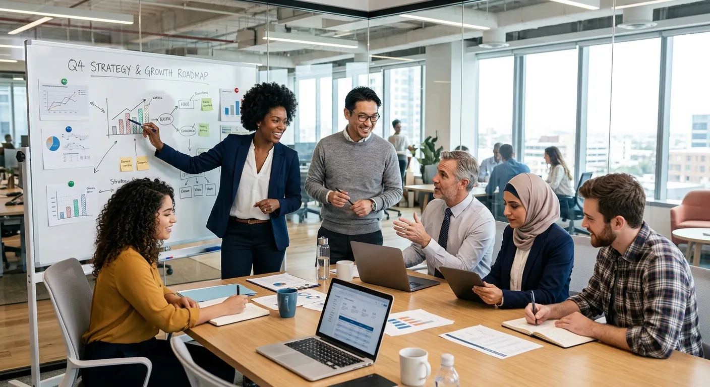 A professional, high-resolution image of a diverse team collaborating in a modern office environment, with a focus on teamwork and strategic planning. Style: Bright, professional, and forward-looking.