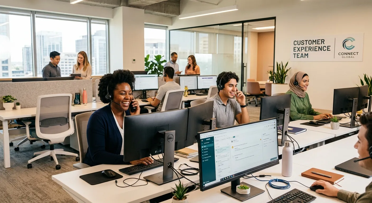 A modern, professional office environment with a diverse team of customer service representatives en... A modern, professional office environment with a diverse team of customer service representatives engaged in positive client interactions via phone and computer. Bright, clean, and welcoming atmosphere.