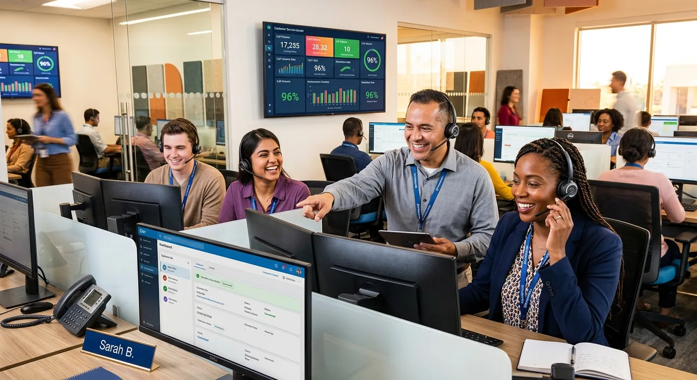 A dynamic, professional hero image showing a diverse team of customer service agents in a modern contact centre, smiling and collaborating. One agent is speaking with a customer via headset, another is pointing to a data dashboard on a screen. The style is bright, optimistic, and high-contrast.