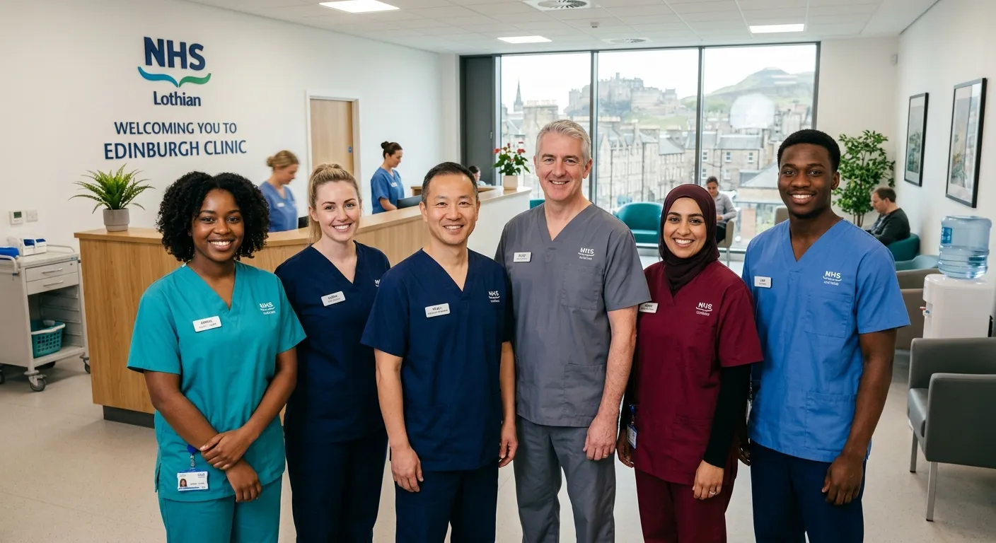 A diverse, professional group of healthcare support workers in scrubs, smiling confidently, in a mod... A diverse, professional group of healthcare support workers in scrubs, smiling confidently, in a modern, welcoming clinical setting in Edinburgh. Style: professional, warm, trustworthy, high-resolution.