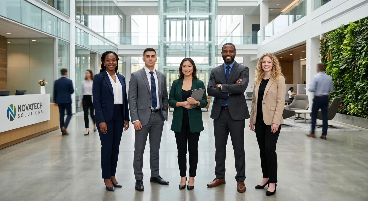A professional, diverse group of job seekers in modern business attire looking confident, standing in a bright, contemporary office lobby. The style is sharp, high-resolution, with a focus on determination and success.