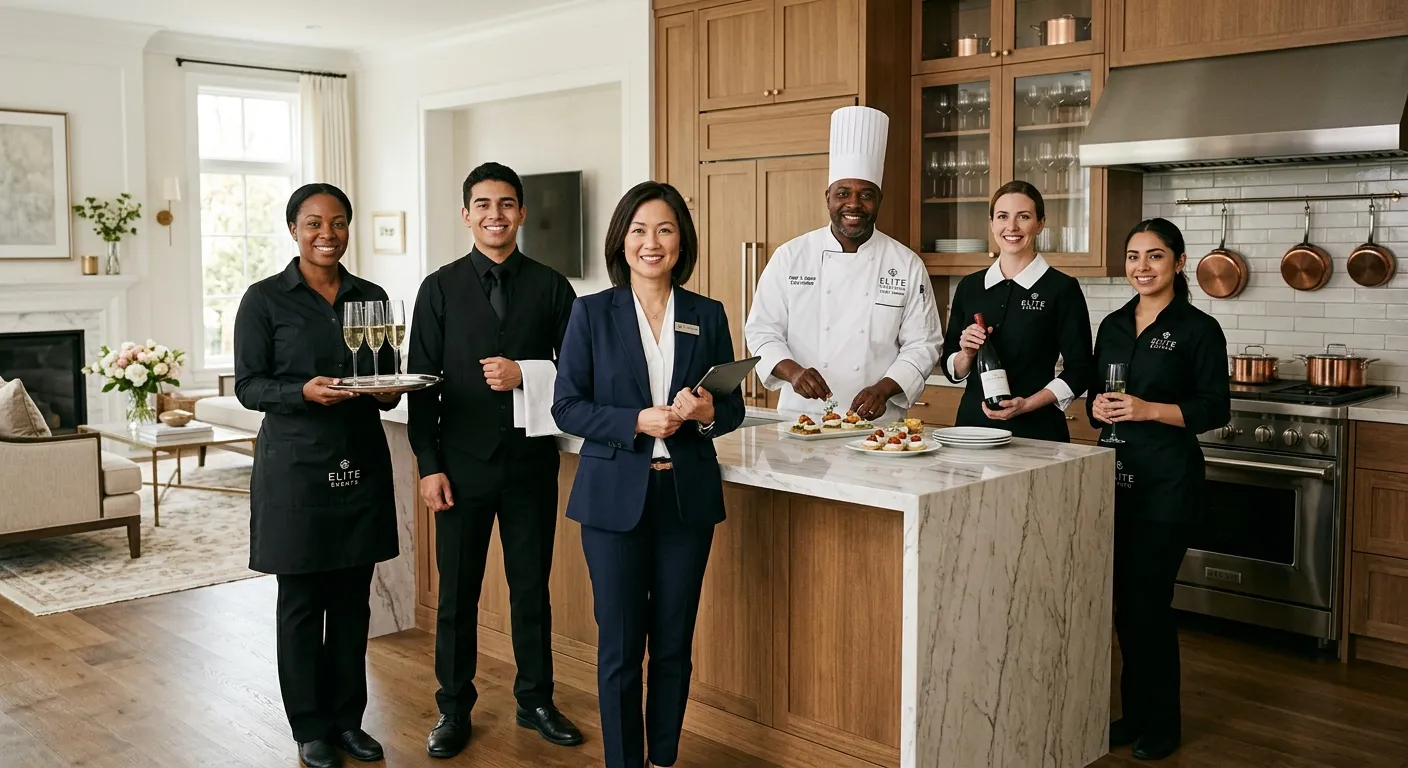 A professional, high-end image of a diverse team of domestic and event staff in crisp uniforms, smil... A professional, high-end image of a diverse team of domestic and event staff in crisp uniforms, smiling confidently. They are standing in a well-organized, elegant kitchen and lounge area, representing a mix of roles like house manager, chef, and event waitstaff. Style: Professional, warm, trustworthy. Mood: Competent, reliable, and premium.