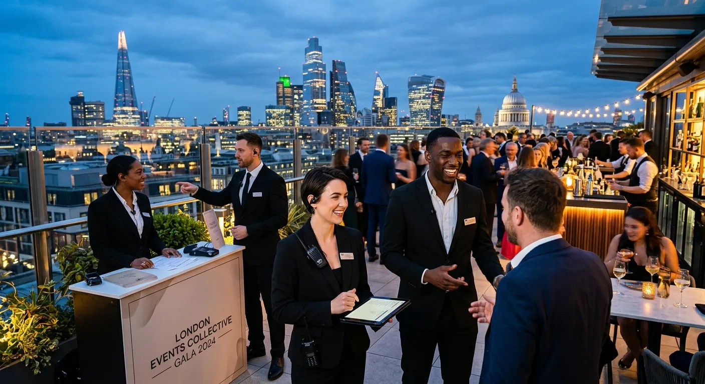 A dynamic, high-energy shot of a professional event team in London, such as suited hosts at a roofto... A dynamic, high-energy shot of a professional event team in London, such as suited hosts at a rooftop gala with the city skyline at dusk, conveying expertise and scale