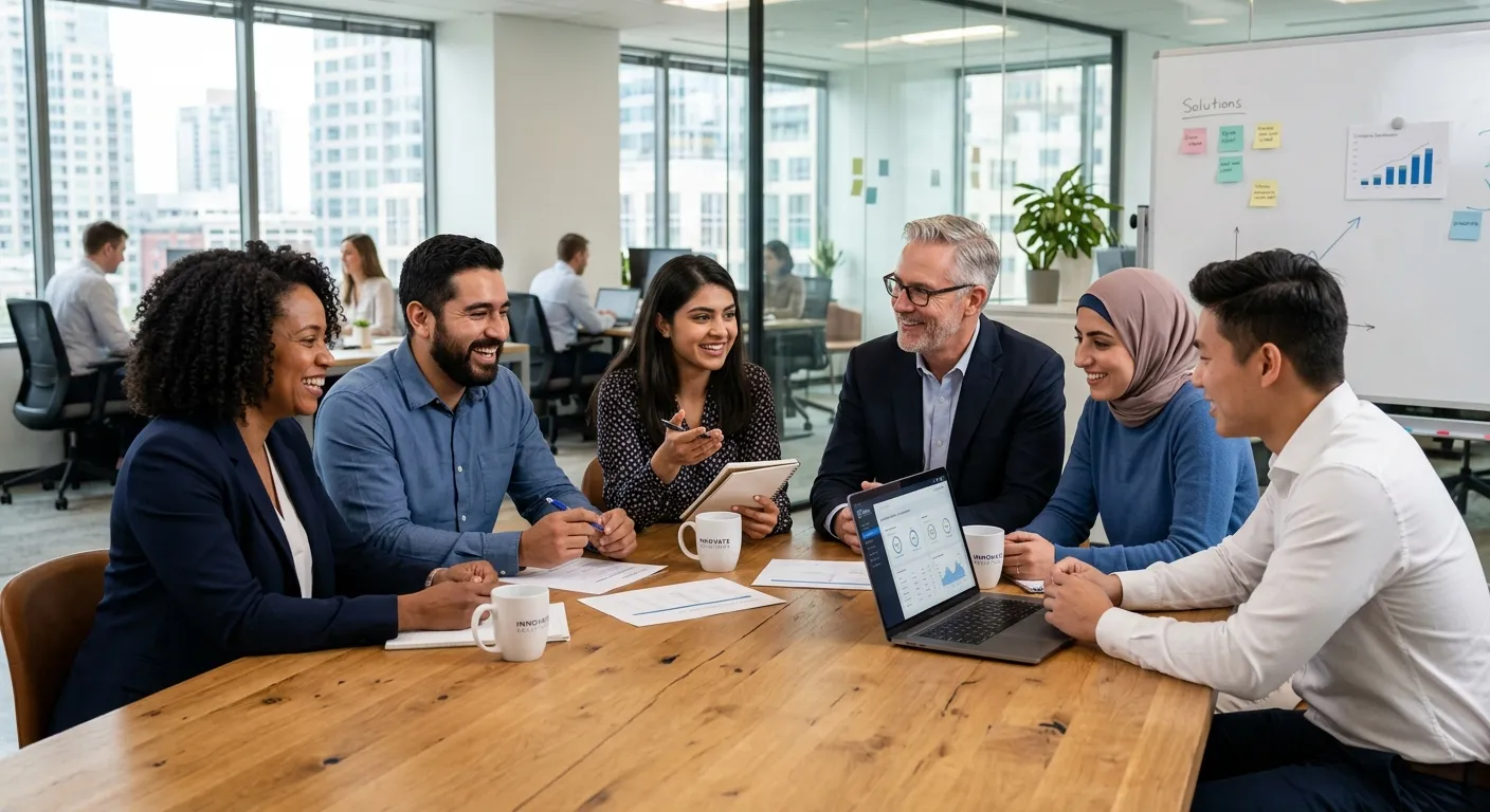 A professional, high-resolution photo of a diverse group of permanent employees and hiring managers... A professional, high-resolution photo of a diverse group of permanent employees and hiring managers in a modern office, smiling and collaborating around a table. The style is bright, authentic, and conveys trust and successful partnership.