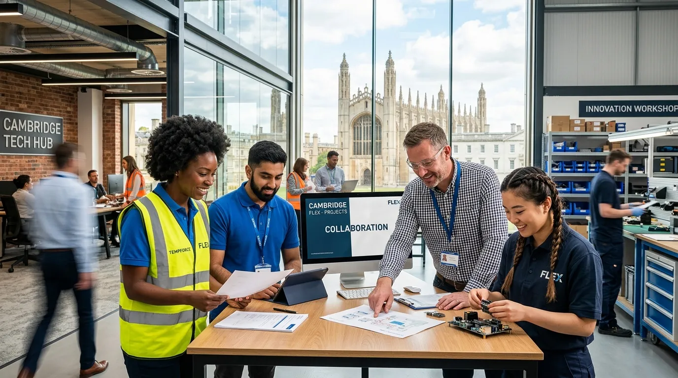 A professional, dynamic hero image showing a diverse group of temporary workers collaborating in a m... A professional, dynamic hero image showing a diverse group of temporary workers collaborating in a modern Cambridge office and a light industrial setting, with iconic Cambridge University spires subtly visible through a window. Style: High-contrast, vibrant, professional. Mood: Energetic, reliable, and forward-thinking.