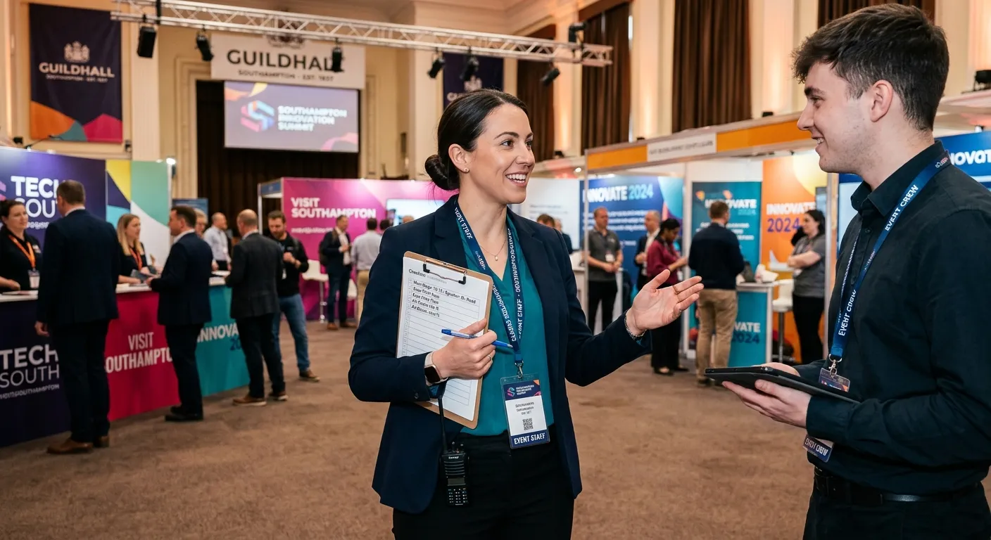 A professional, vibrant photograph of an Event Coordinator in action at a conference or exhibition i... A professional, vibrant photograph of an Event Coordinator in action at a conference or exhibition in Southampton, perhaps at the Mayflower Theatre or Guildhall, confidently managing a checklist and speaking with a team member. The style should be modern, energetic, and convey a sense of organised professionalism.