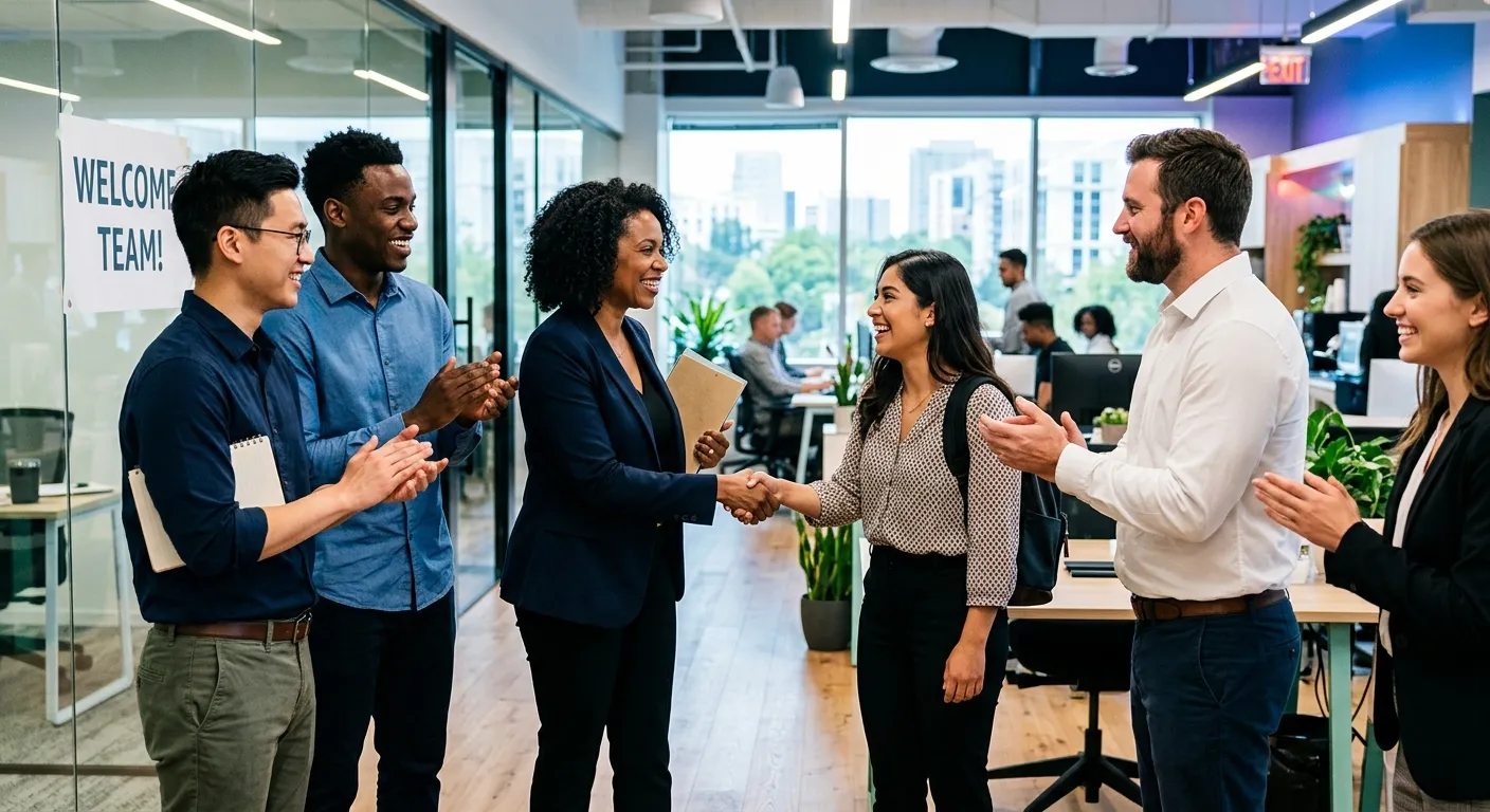 A dynamic, professional hero image showing a diverse group of successful new hires shaking hands with a manager in a modern office environment. Style is vibrant, high-contrast, and inspiring, with a focus on teamwork and achievement.