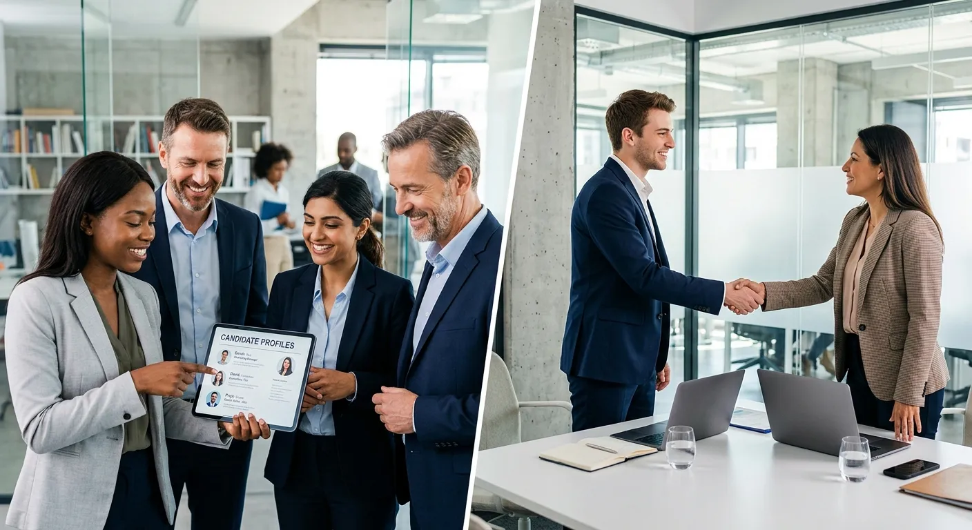 A dynamic, professional split-image. Left side shows a diverse group of business managers looking at... A dynamic, professional split-image. Left side shows a diverse group of business managers looking at a tablet with candidate profiles, smiling. Right side shows a candidate shaking hands with an interviewer. Modern office background, bright lighting, professional attire. Style: Professional stock photo, high contrast, vibrant colors.