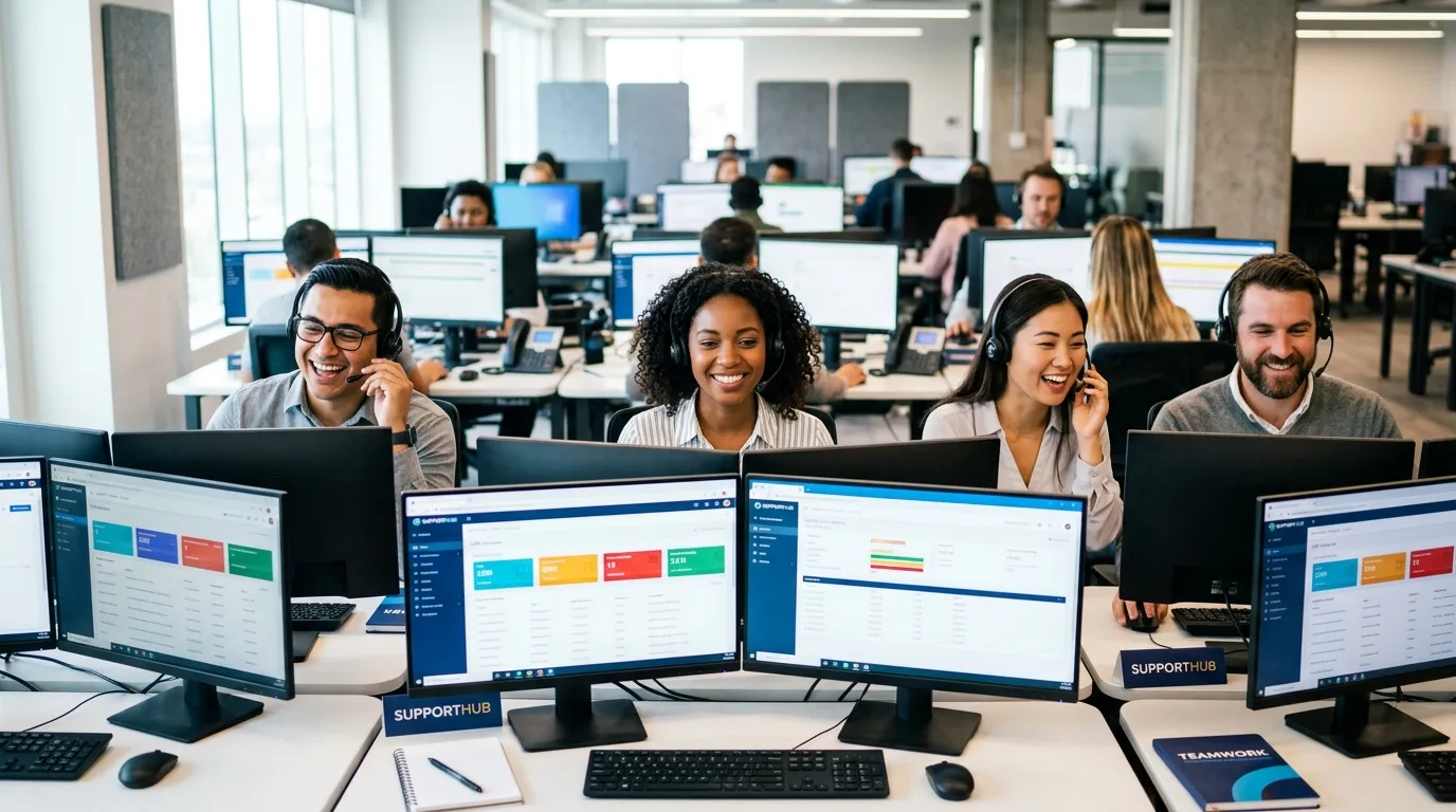 A professional, high-contrast hero image showing a diverse team of customer service agents in a modern call center or office environment. They are smiling and wearing headsets, with multiple monitors in the background. The style is crisp, bright, and conveys efficiency and teamwork.