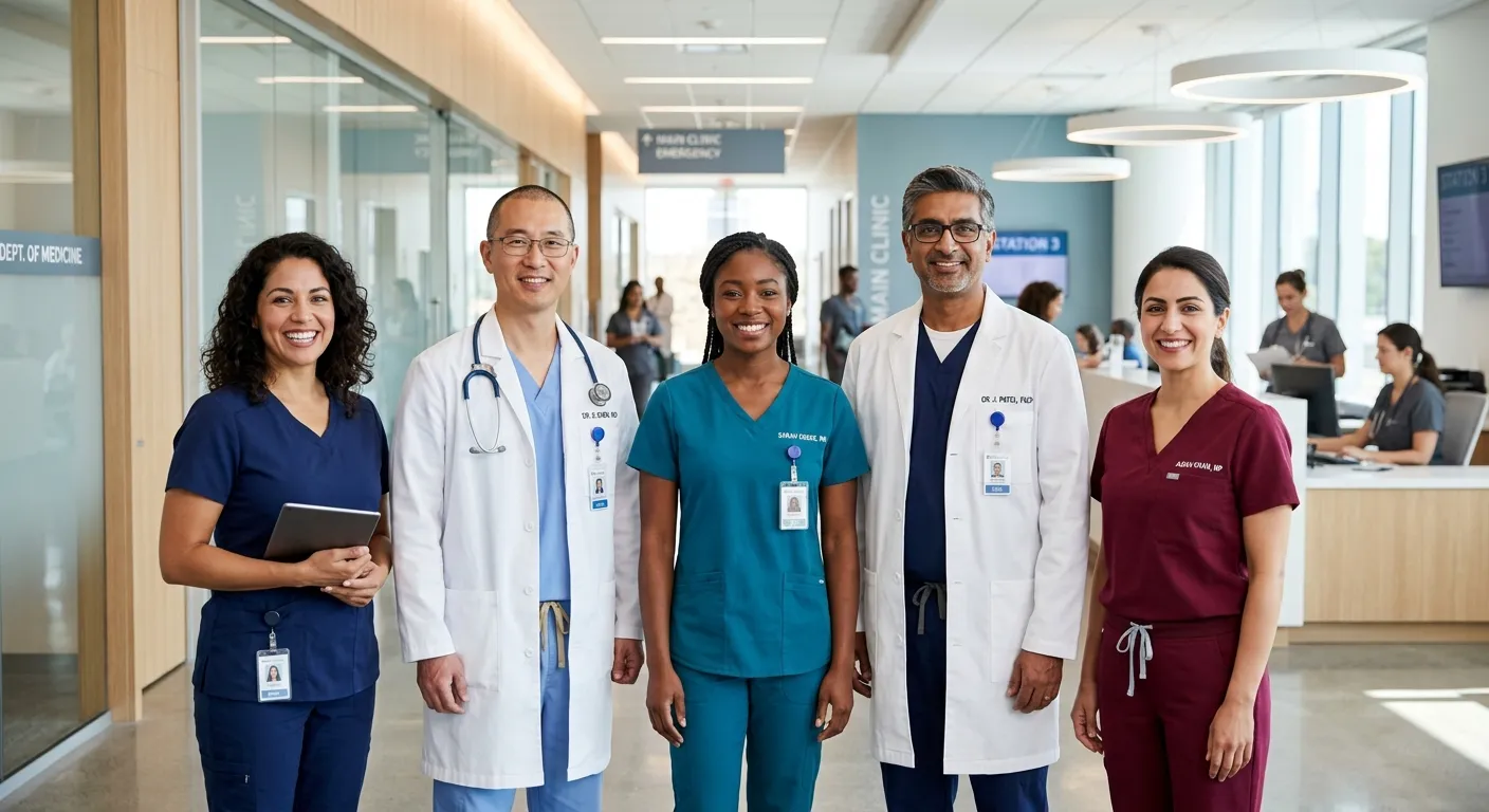 A diverse group of professional healthcare workers in scrubs and lab coats, smiling confidently in a... A diverse group of professional healthcare workers in scrubs and lab coats, smiling confidently in a modern hospital or clinic setting. Style is professional, bright, and aspirational.