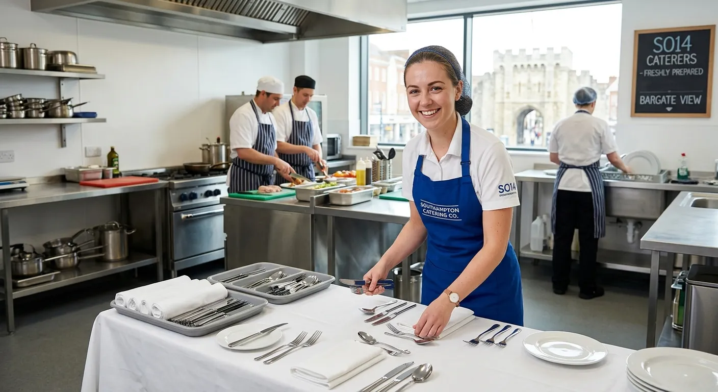 Professional, welcoming image of a catering assistant in a bright, modern Southampton SO14 commercia... Professional, welcoming image of a catering assistant in a bright, modern Southampton SO14 commercial kitchen, laying out cutlery and smiling at the camera. Focus on hygiene, teamwork, and a local Southampton landmark subtly visible through a window.